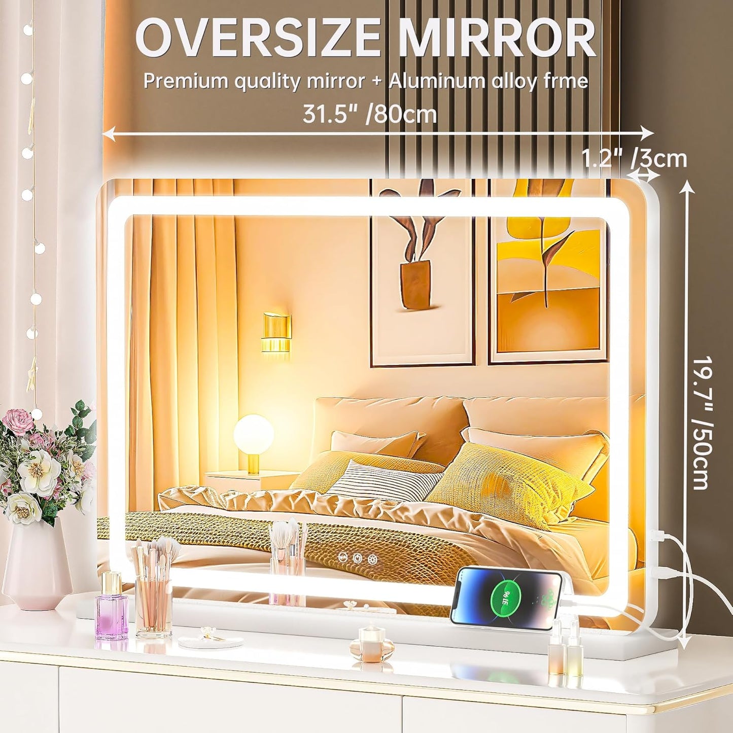 Hasipu Vanity Mirror with Lights, 31.5" x 20" LED Makeup Mirror, Lighted Makeup Mirror with Dimmable 3 Modes, Touch Screen Control Vanity Mirror Round White