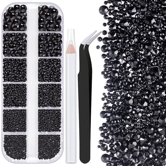 One Pack 2000 Pcs of Flatback Round Black Rhinestones 6 Sizes (1.5-6 mm) with Nail Art Rhinestone Picker Pencil and Tweezers for DIY and Salon Use