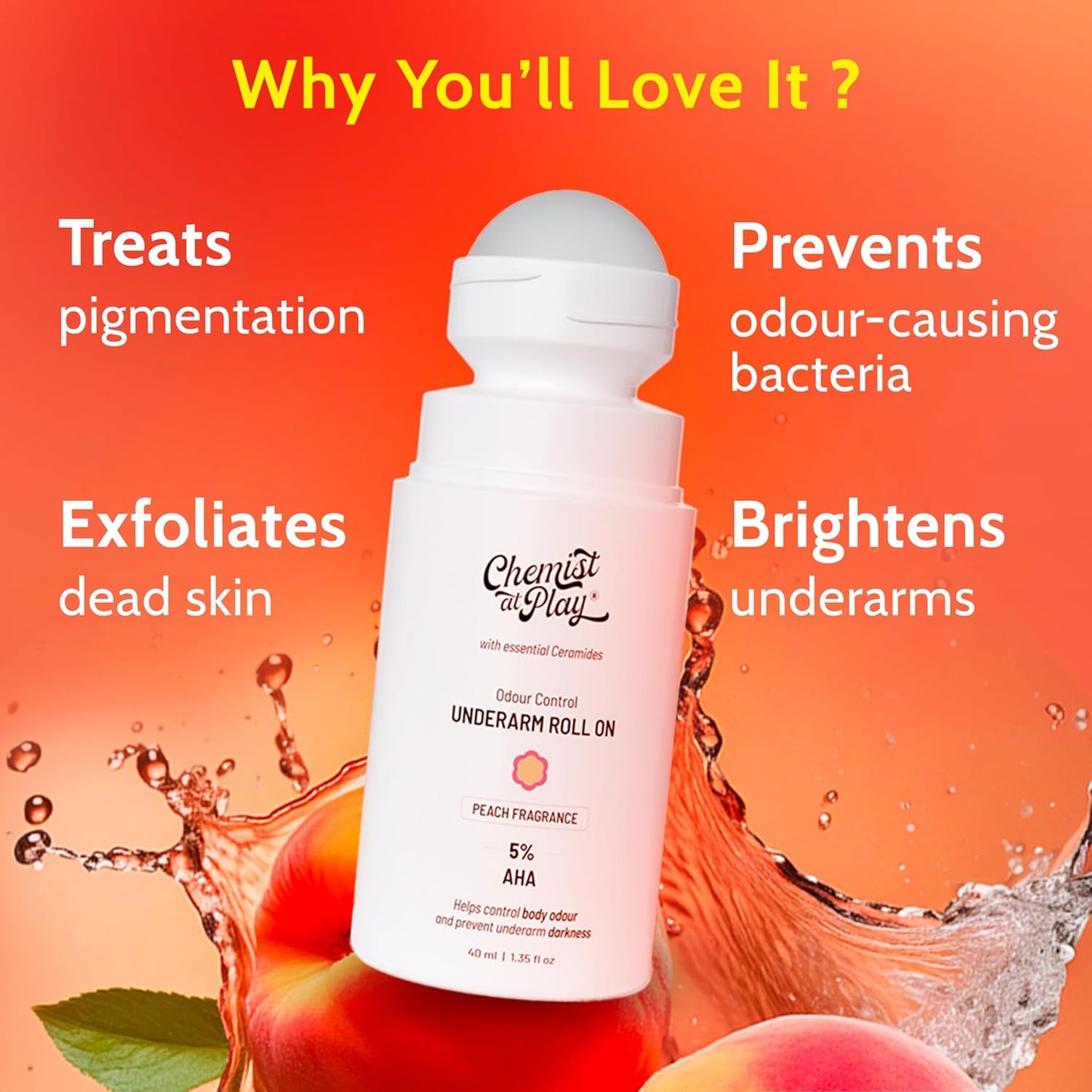 UnderArm Roll-On with 5% AHA| Lactic & Mandelic Acid|Prevents Odour, Brightens Skin & Exfoliates Underarm | For Sensitive Skin | Peach Fragrance | Alcohol & Aluminium Free | 1.35 fl oz