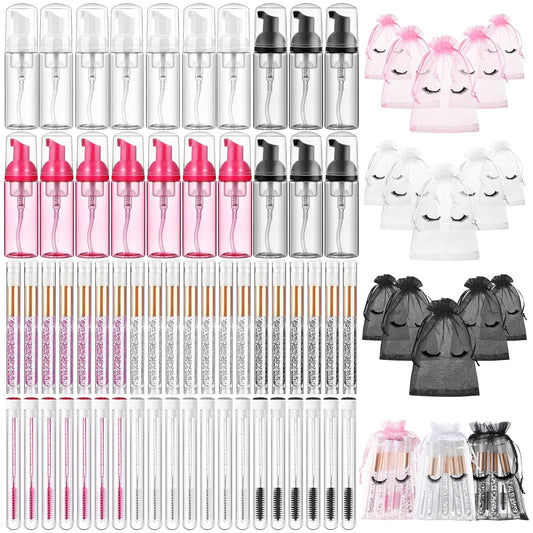 Zhehao 80 Pcs Lash Shampoo Bottle Brushes Kit 20 Foam Pump Dispensers 20 Lash Shampoo Brushes 20 Eyelash Aftercare Bag 20 Cleaning Pipes, Eyelash Extension Supplies(Colorful)