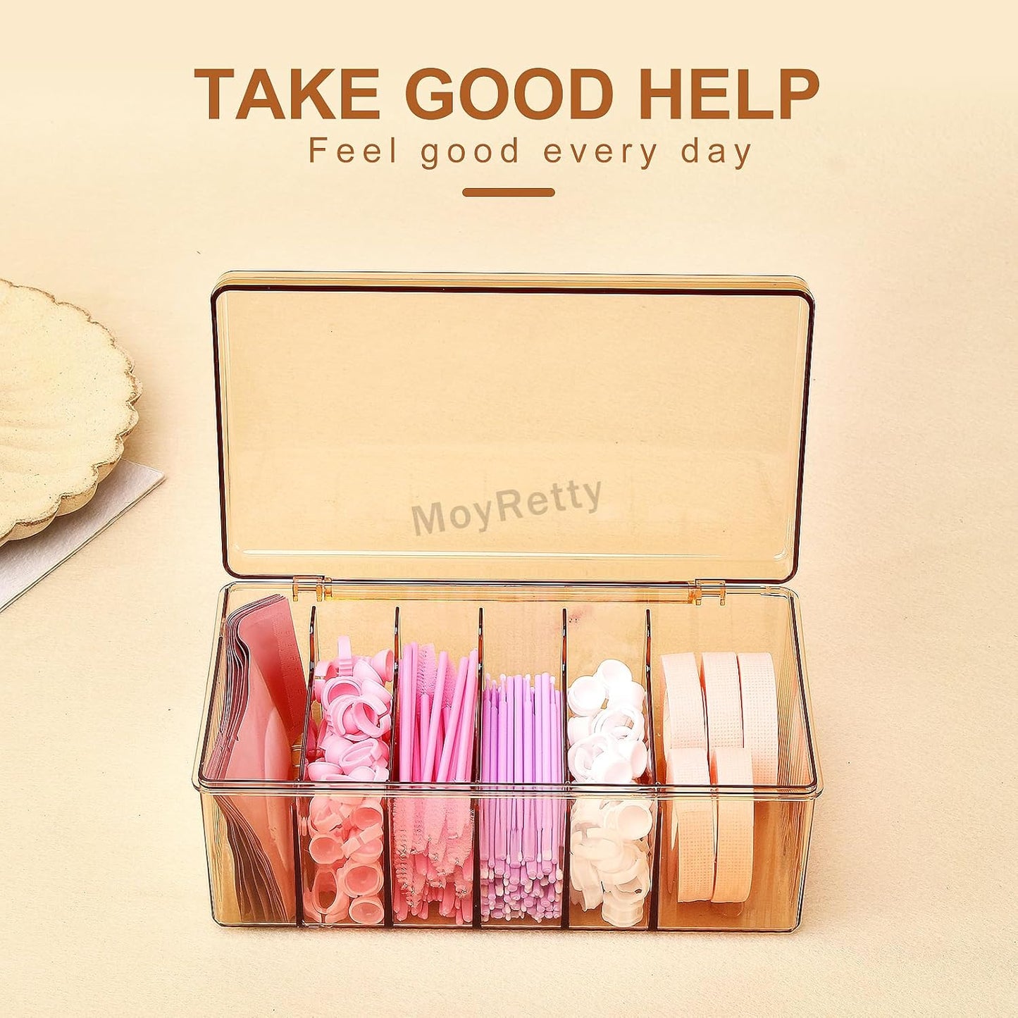 MoyRetty Acrylic Lash Extension Organizer, Large Capacity Eyelash Extension Supplies Storage Container Box, Neatly Store and Organize Your Lash Supplies (Amber)