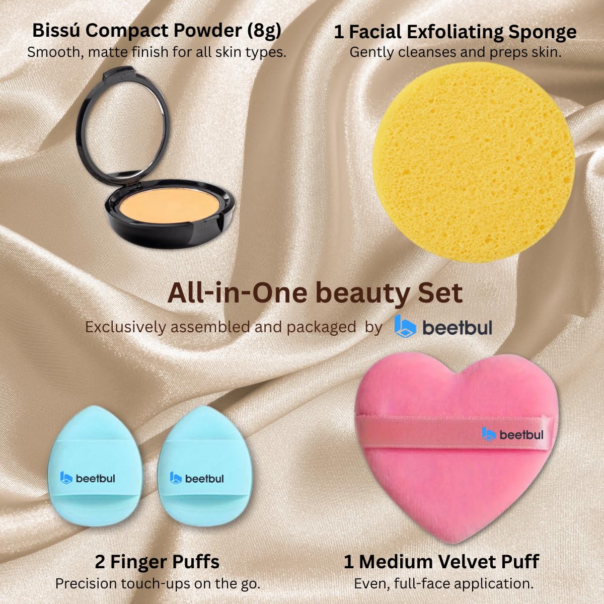 Beetbul Makeup & Exfoliation Kit - Bissú Compact Powder + 1 Medium Velvet Puff + 2 Finger Puffs + 1 Facial Exfoliating Sponge (01 Translucid, One Size)