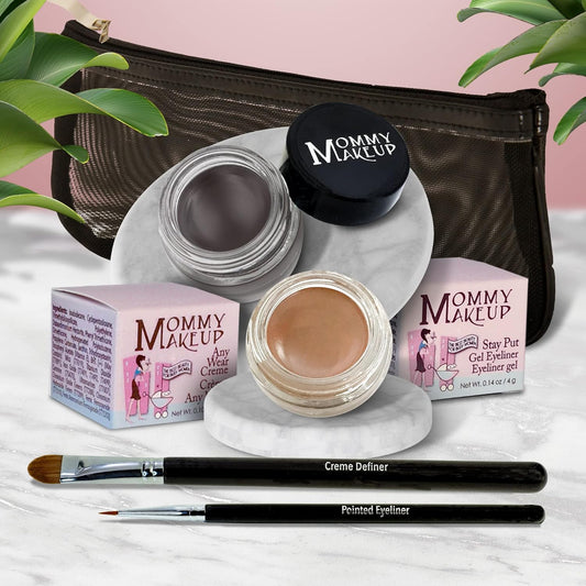 The Everlasting Eye 5 Piece Waterproof Makeup Set. Gel Eyeliner, Creme Eyeshadow, 2 brushes and Mesh Bag. Paraben-free, Talc-free, Cruelty-free. Misty Mocha/Chocolate Kiss 1802