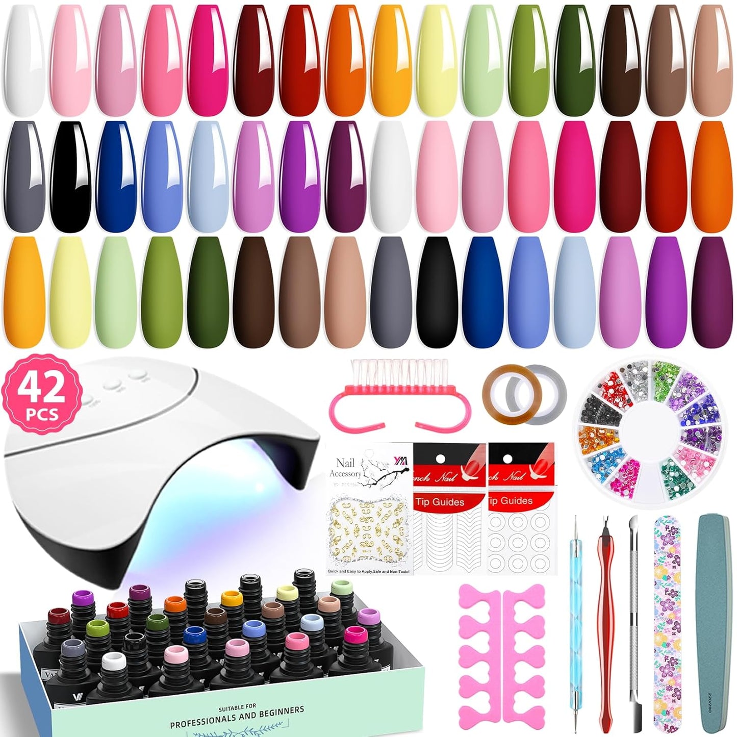 VANREESA 42 Pcs Gel Nail Polish Kit with U V Light 24 Colors Gel Polish Nail Kit Pink Red Orange Yellow Green Brown Blue Purple Gray Complete Nail Kit with Manicure Tools Gifts for Women