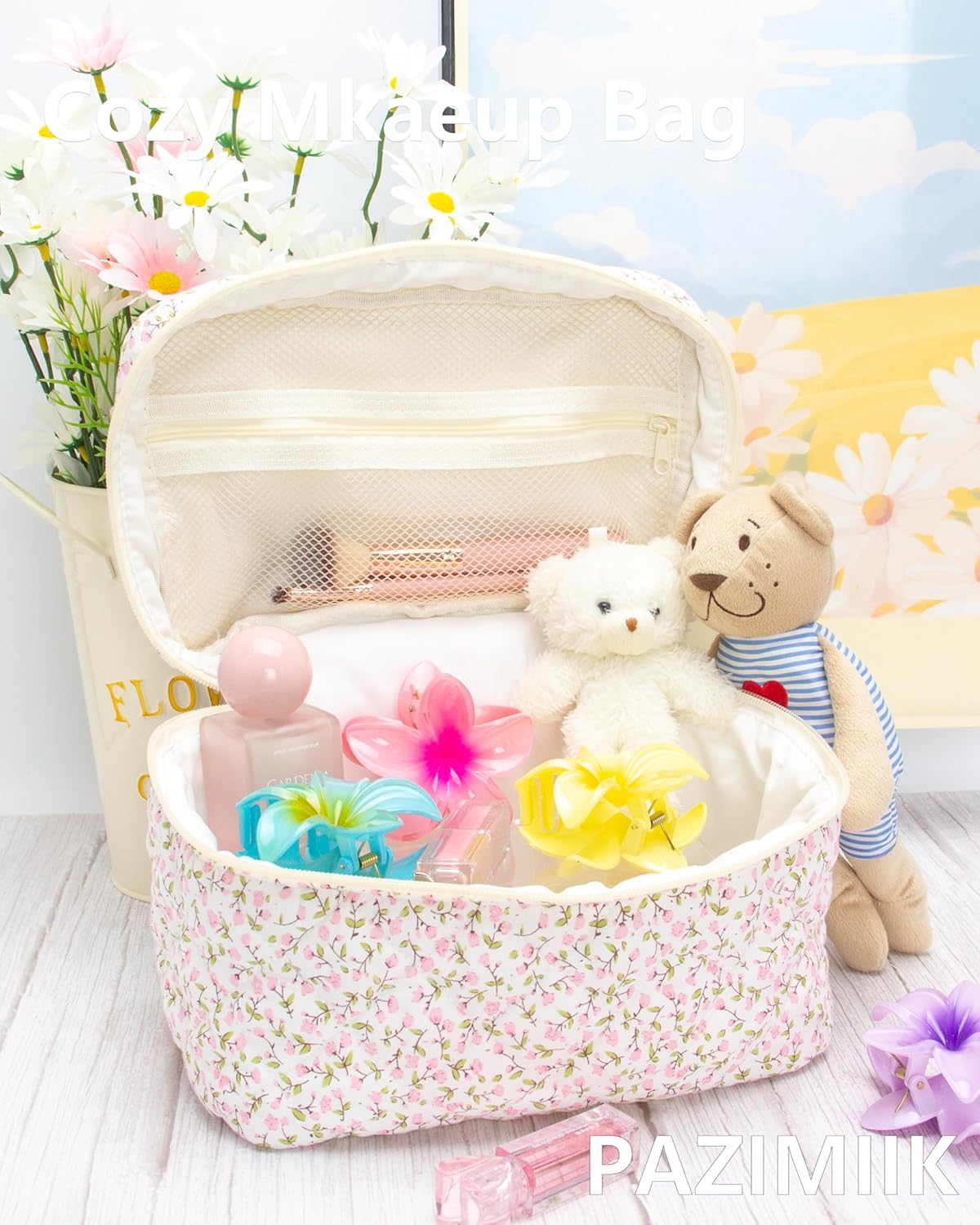 3PCS Makeup Bag SET Large Travel Quilted Zipper Soft Cosmetic Case Pouch for Women Girls Make Up,Floral Pink