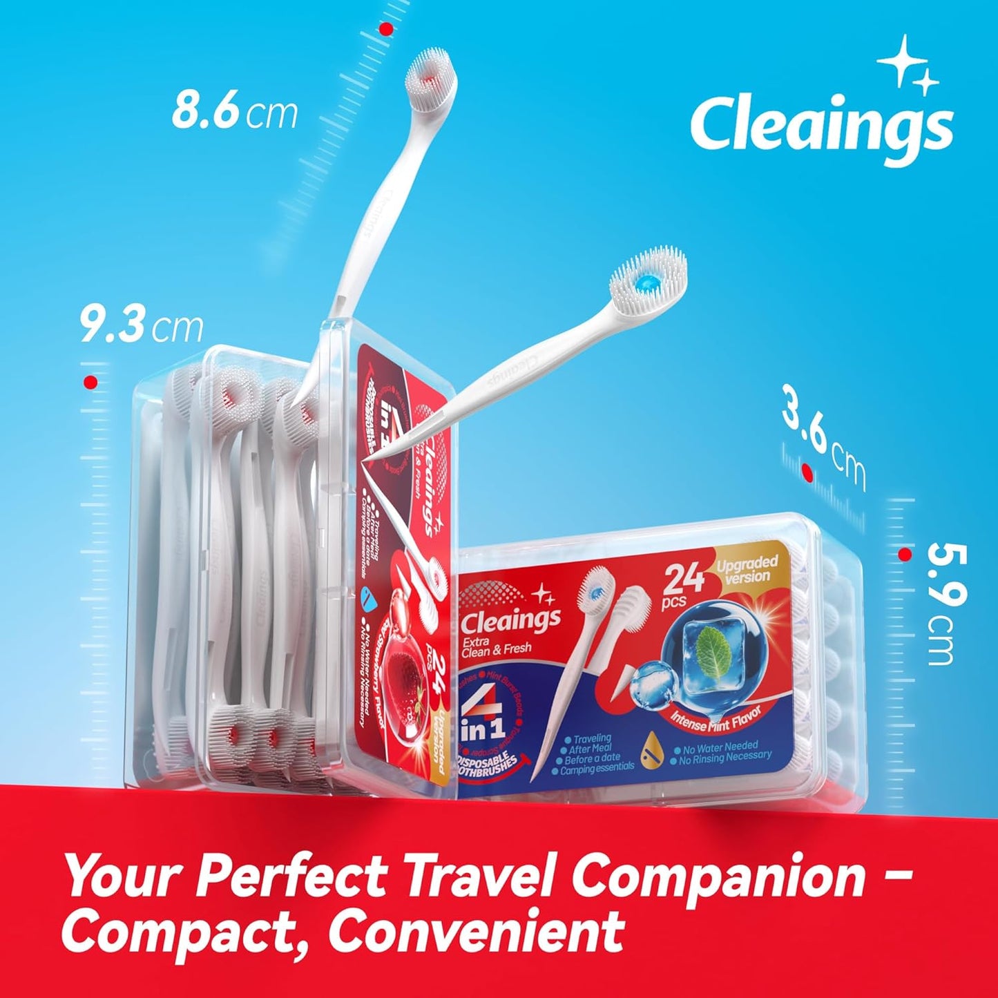 cleaings® Mini Disposable Toothbrush Set with Toothpaste – Travel Essentials, Portable Toothbrush for Women & Men, Camping, Road Trip, Vacation, 24 Count-Intense Mint Flavor（Pack of 5）