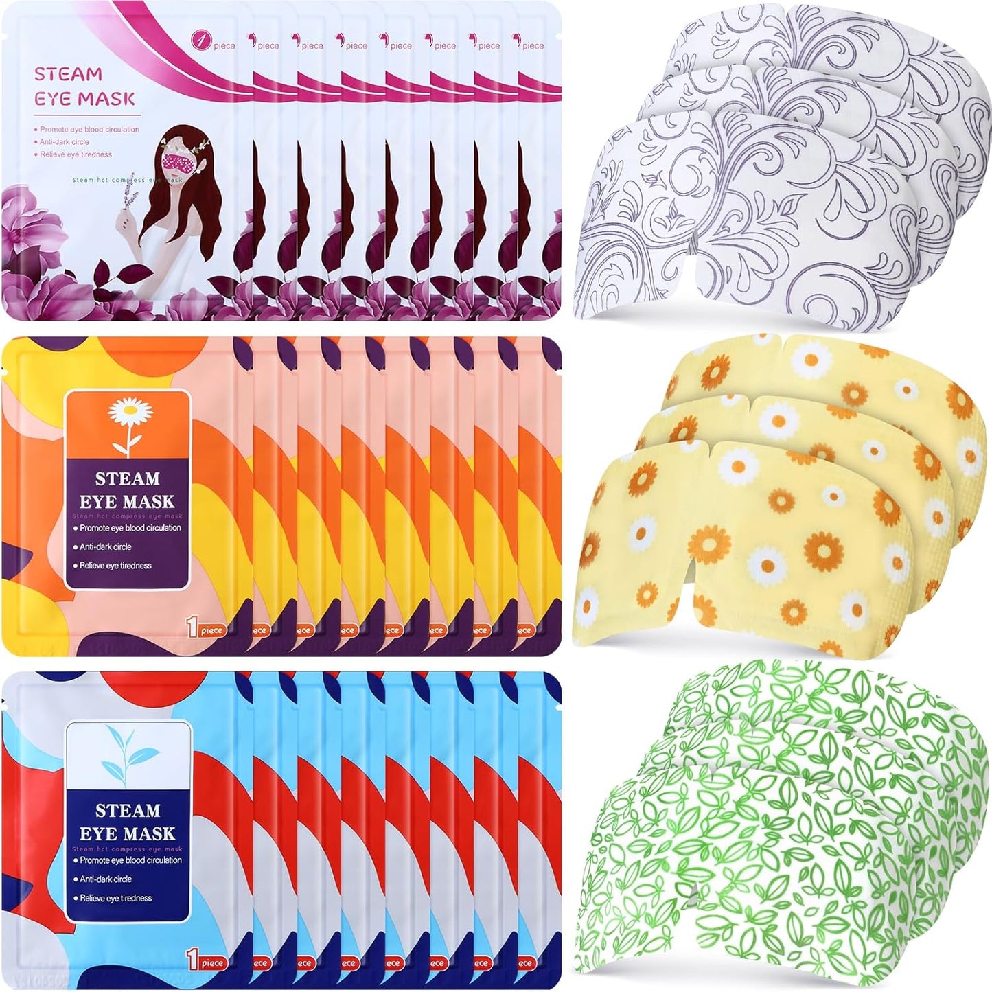 96 Packs Steam Eye Mask Disposable Self Heating Eye Mask for Dry Eyes Spa Warm Sleep Eye Mask for Home Office Travel Eyestrain Relieve (Unscented, Lavender, Chamomile)