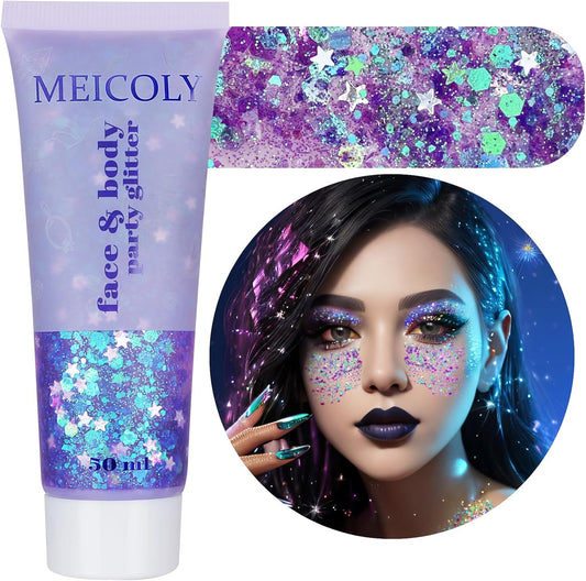 MEICOLY Light Purple Body Glitter,Chameleon Purple Mermaid Face Glitter,Mardi Gras Outfit for Women,Rave Glitter Makeup,Glitter Face Paint,Hair Chunky Glitter,Sparkling Glitter Gel for Women,50ml