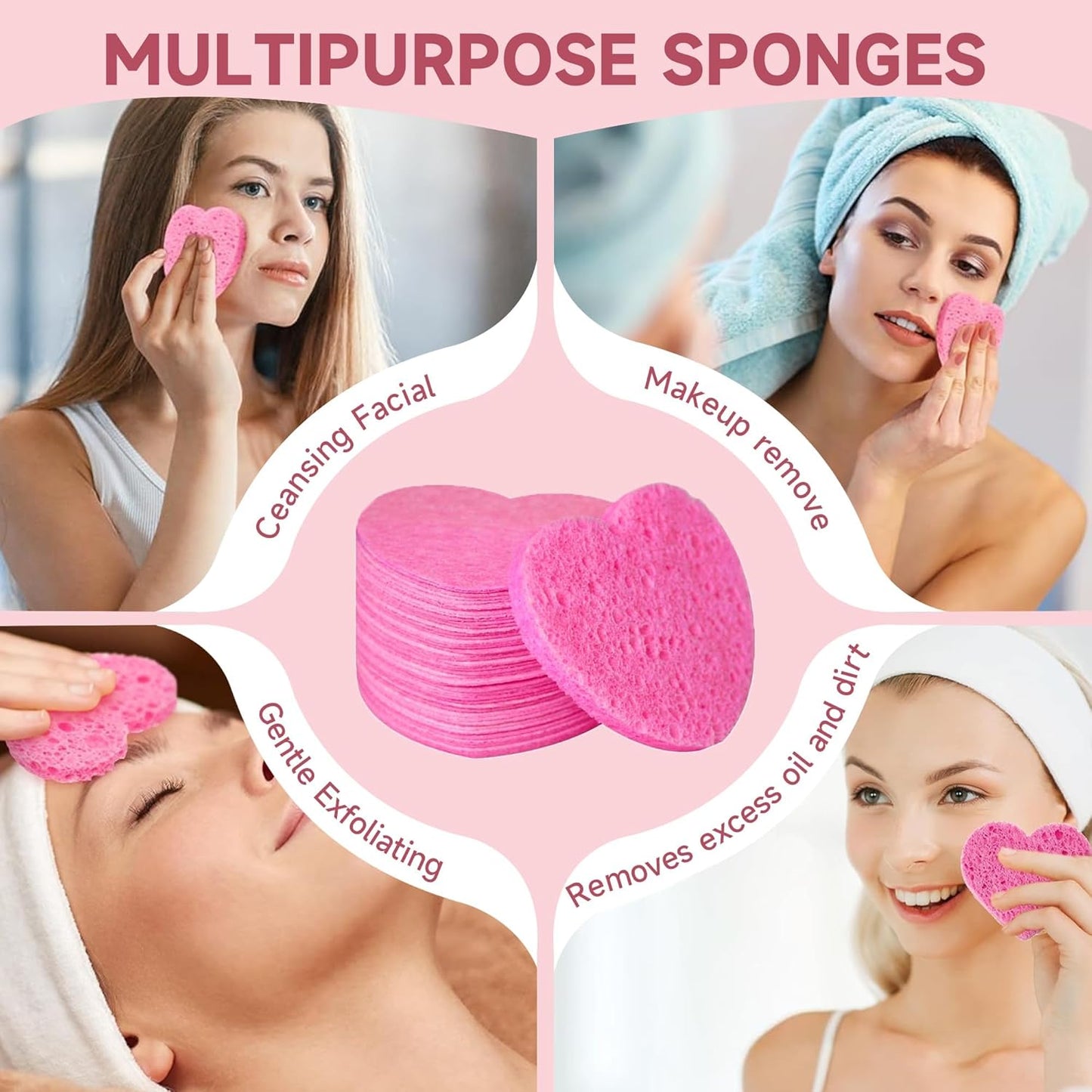100 Count Compressed Pink Facial Sponges | 100% Natural Cellulose Eco-Friendly Makeup Sponges for Gentle Cleansing, Exfoliating & Stubborn Makeup Removal | Travel & Home Beauty Essentials for Women