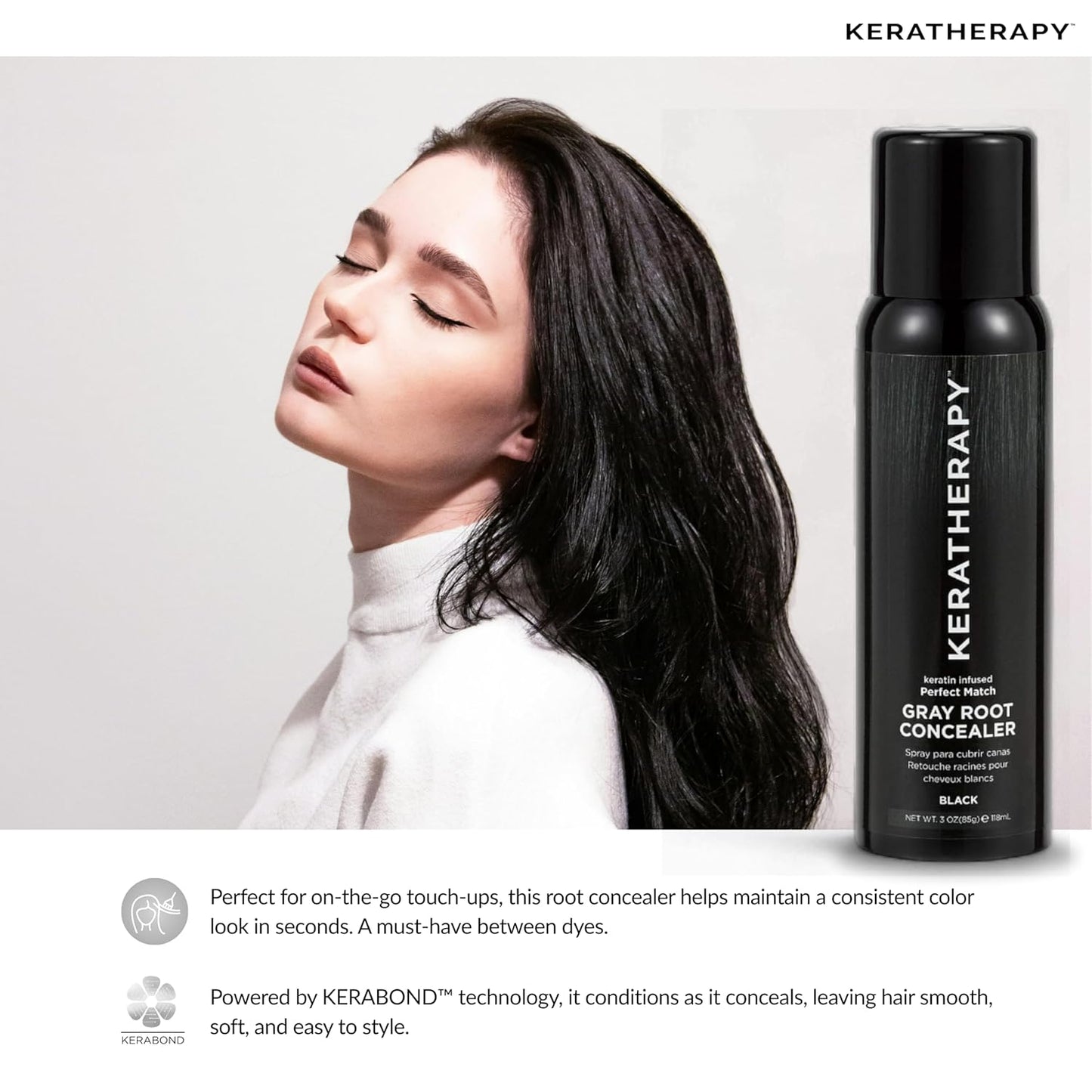 Keratherapy Keratin Infused Perfect Match Gray Root Concealer Spray, Black, 3 oz, 118 ml - Root Cover Up Spray to Hide Gray Roots - Keratin Therapy Hair Darkening & Temporary Scalp Concealer