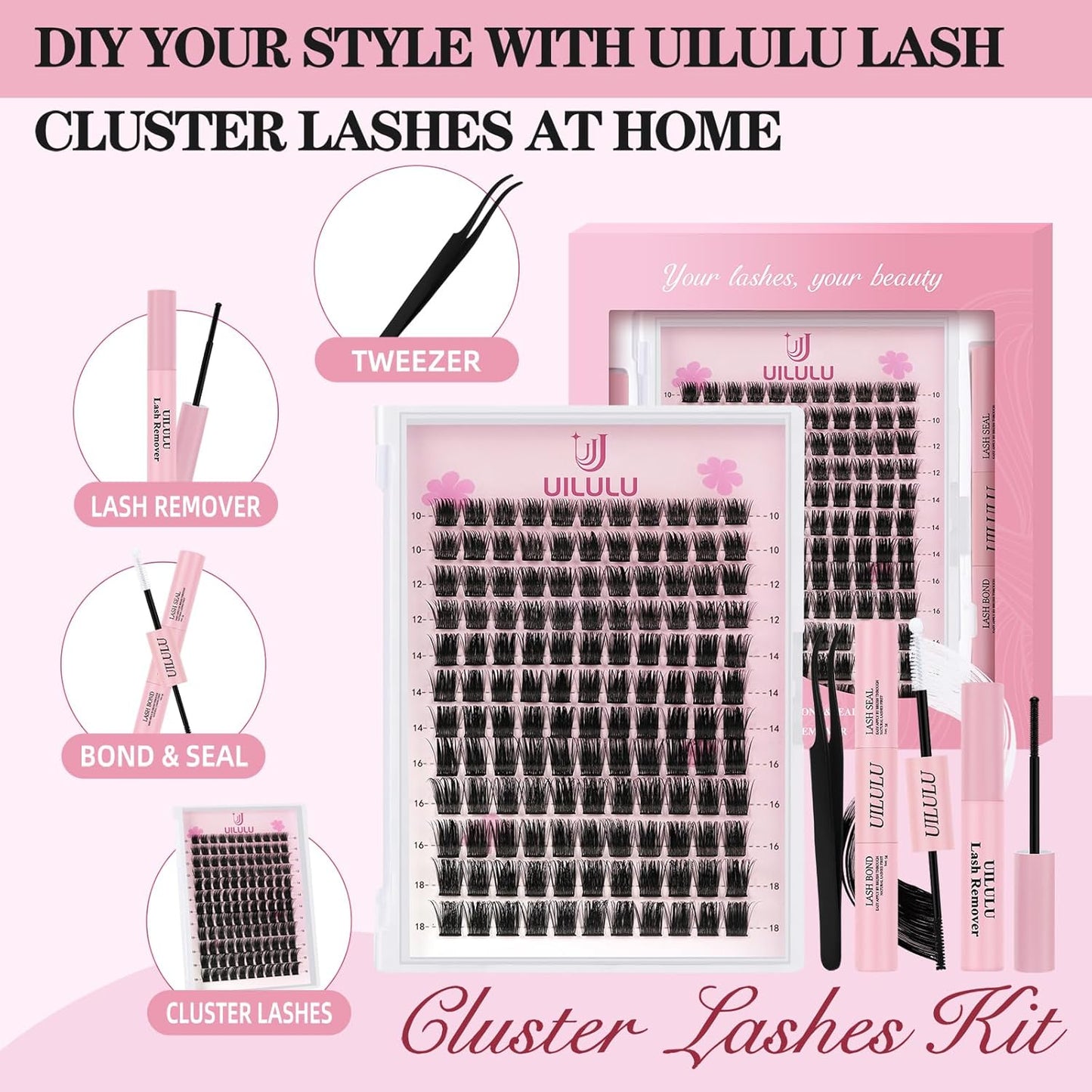 Lash Clusters kit 10-18mm DIY Lash Extension Kit 132 D Curl Lash Clusters 0.07D Fluffy Individual Lashes Clusters False Eyelashes Natural Wispy Eye Lash Kits Extensions Kit U08 Kit