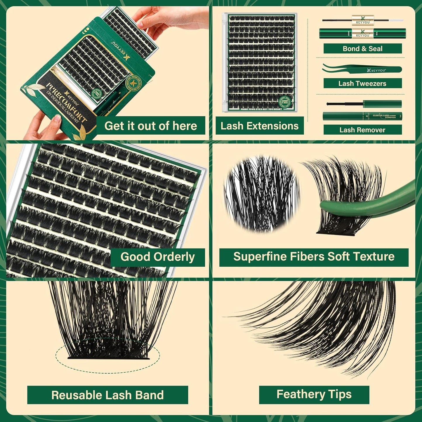 KEYYOU DIY Lash Extension Kit 182pcs Soft Lash Clusters 200D Curl Easy to Apply with Lash Bond and Seal Lash Applicator Lash Remover Eyelash Extension Kit at Home(RMkit-200D-D-10-18mix)