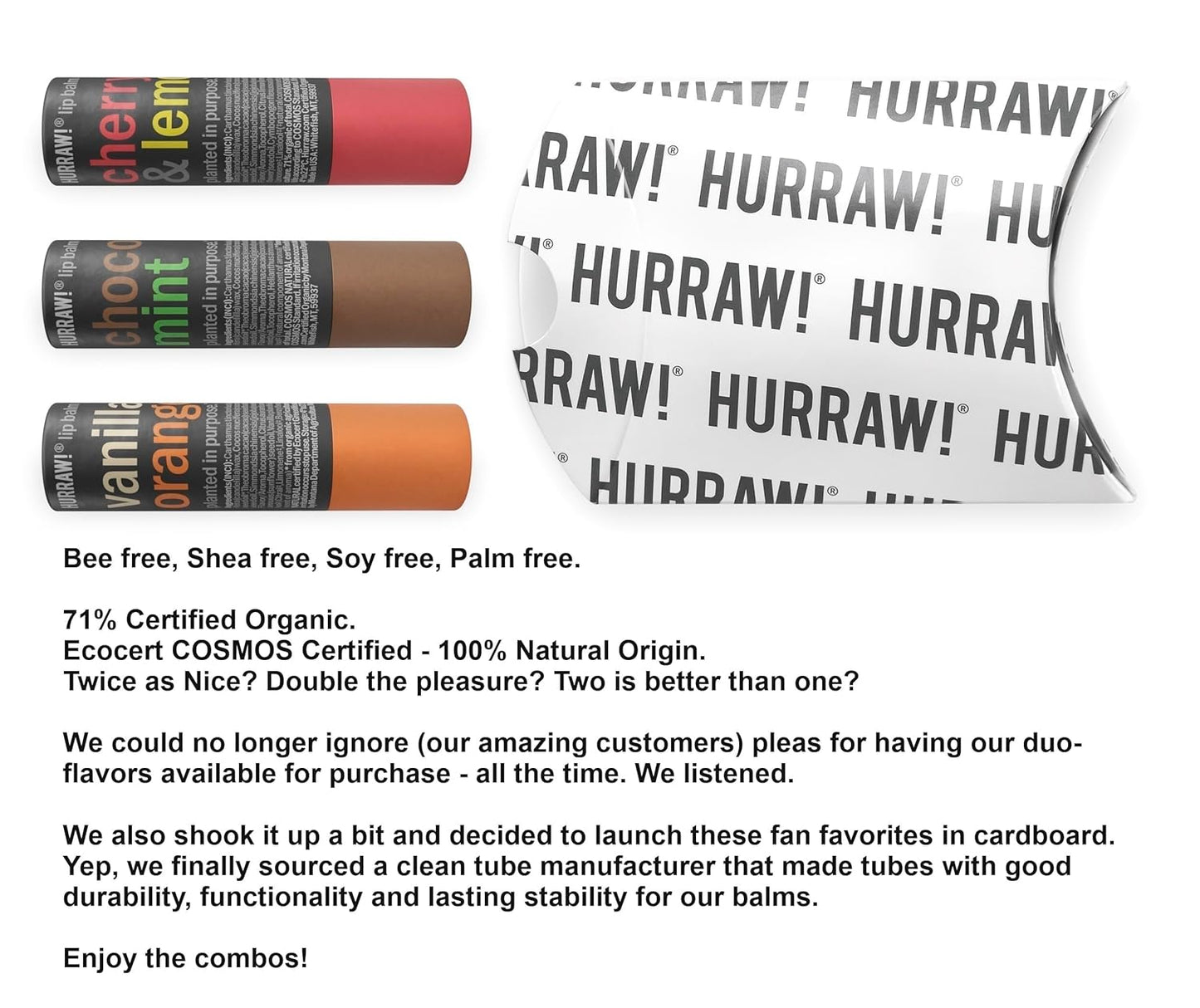 Hurraw! Cherry Lemon, Chocolate Mint & Vanilla Orange Lip Balm 3 Pack Bundle: Plastic-Free with new cardboard push-up tube. Certified Organic, Natural & Vegan. Bee, Shea, Soy & Palm Free. Made in USA