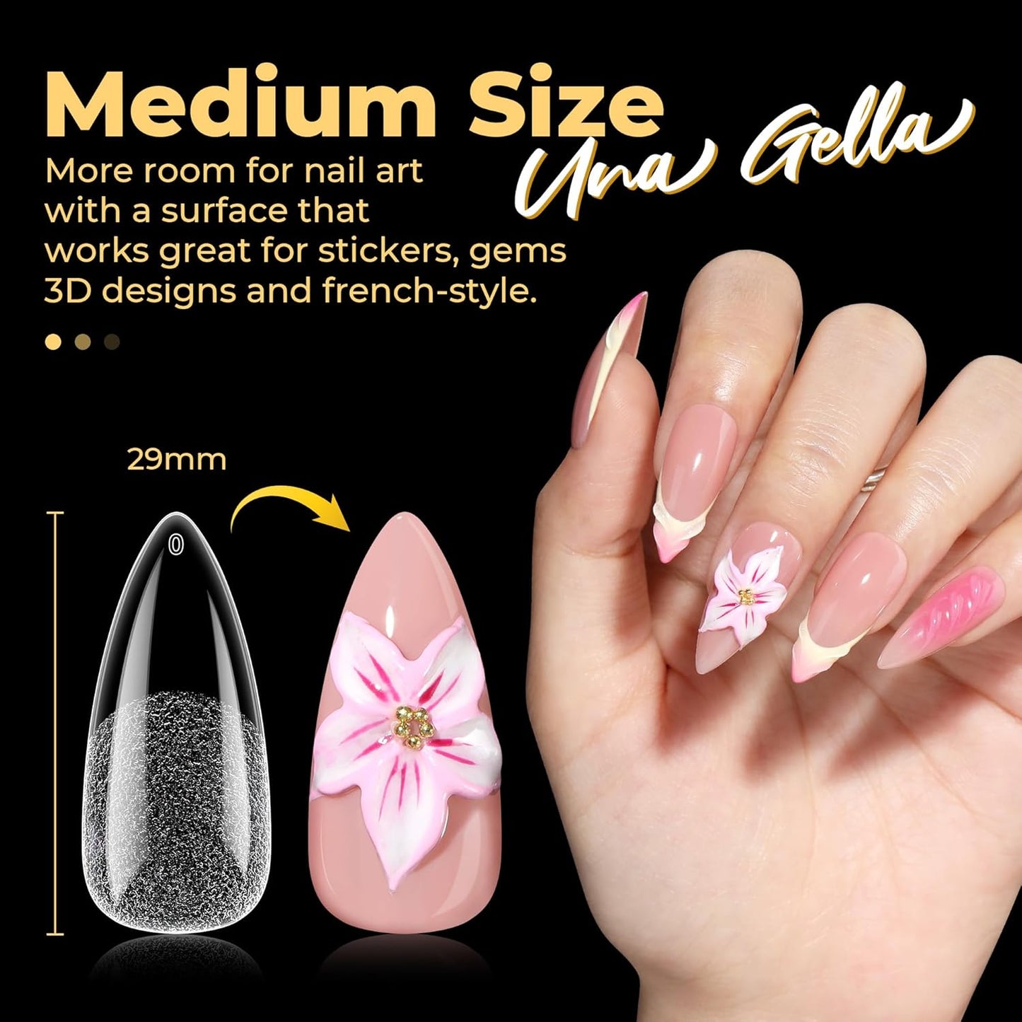 UNA GELLA Halloween Stiletto Press on Nails, 600 Pcs Medium Stiletto Nail Tips Almond Shape Pre Etched Full Cover Soft Gel Nails Tips for Nail Extensions Art DIY Salon 12 Sizes at Home