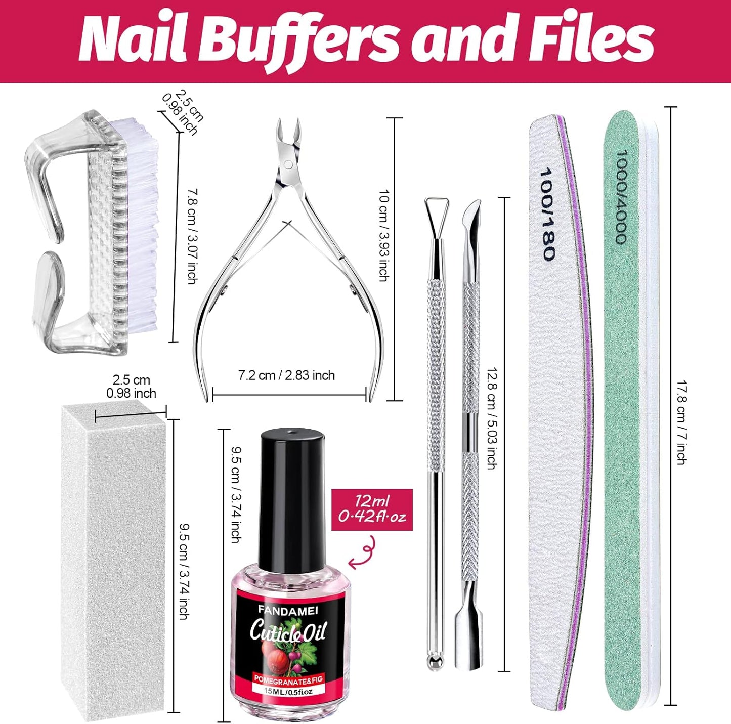 FANDAMEI Nail Files and Buffers, Nail Care Kit with Cuticle Nipper, Pusher, Peeler. Nail File, Nail Buffer Block. Cuticle Oil Pomegranate for Cuticle Remover