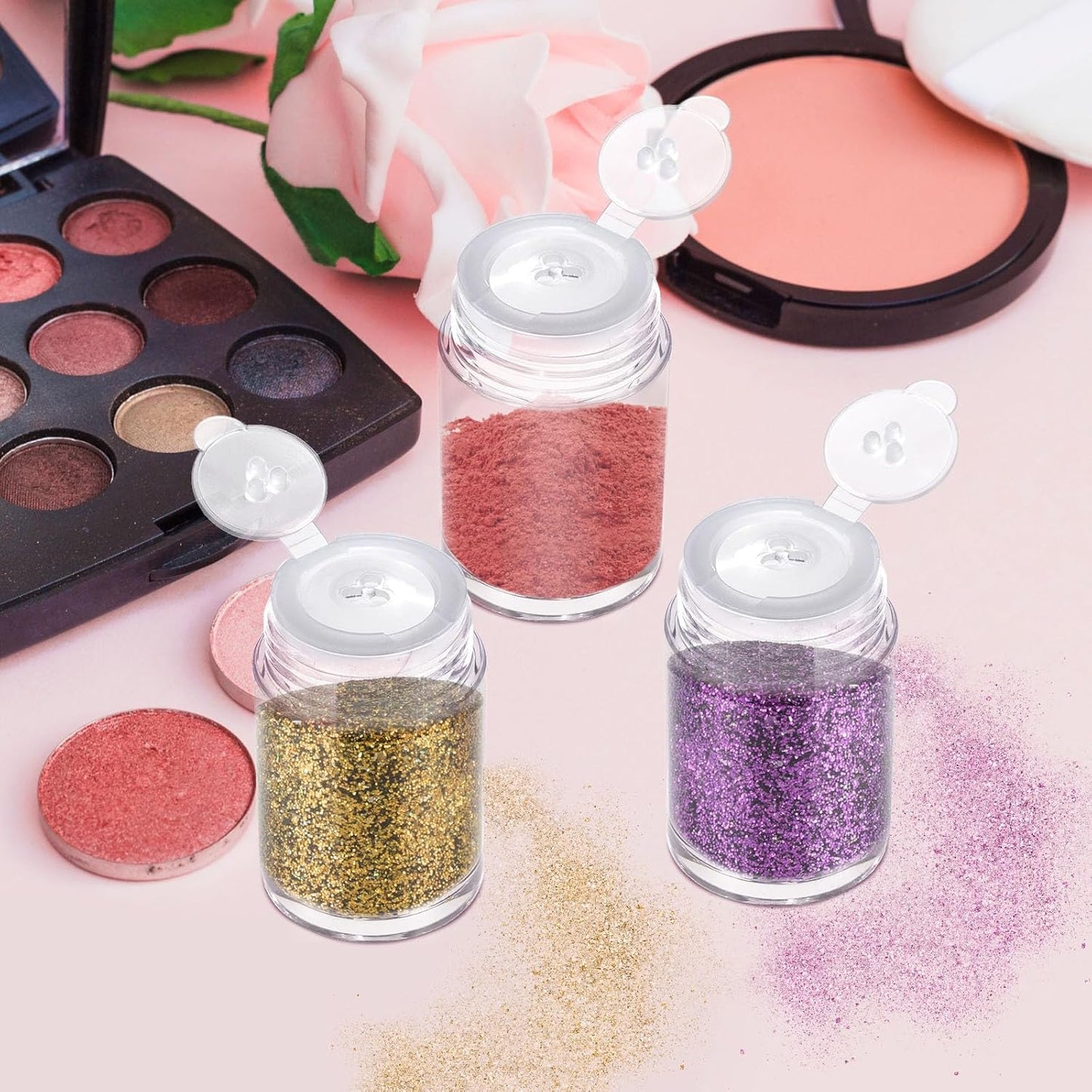 RAYNAG 6 Pieces Mini Empty Loose Powder Bottle, Travel Size Glitter Containers Eye Shadow Powder Shaker Bottle with Sifter and Lids (3 hole)