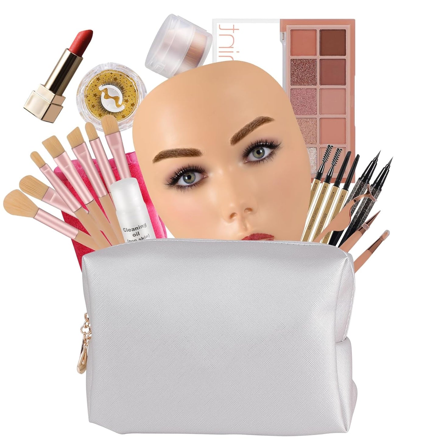 3D Makeup Practice Kit,Reusable Silicone Makeup Practice Face Board/Makeup Mannequin Face,with Makeup Brushes Set&Eyebrow Pencils&Eyelashes&a Makeup Bag&makeup remover towel&Eyeshadow&Lipstick