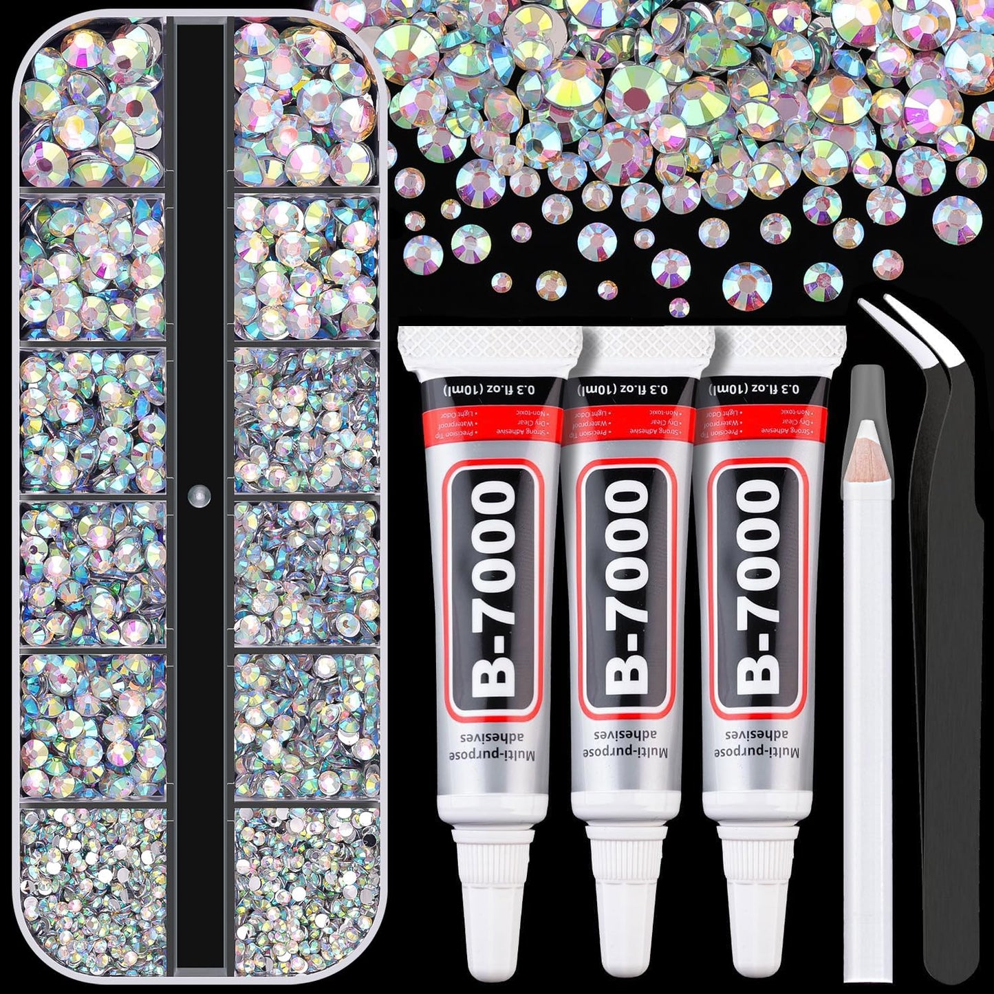 Resin Rhinestones for Crafting with B7000 Jewelry Glue, 1 Box AB Flatback Crystals with 3Pcs 10ml Glue for Bedazzling Crafts DIY Nail Art Makeup，Non Hotfix Gems for Clothing Shoes