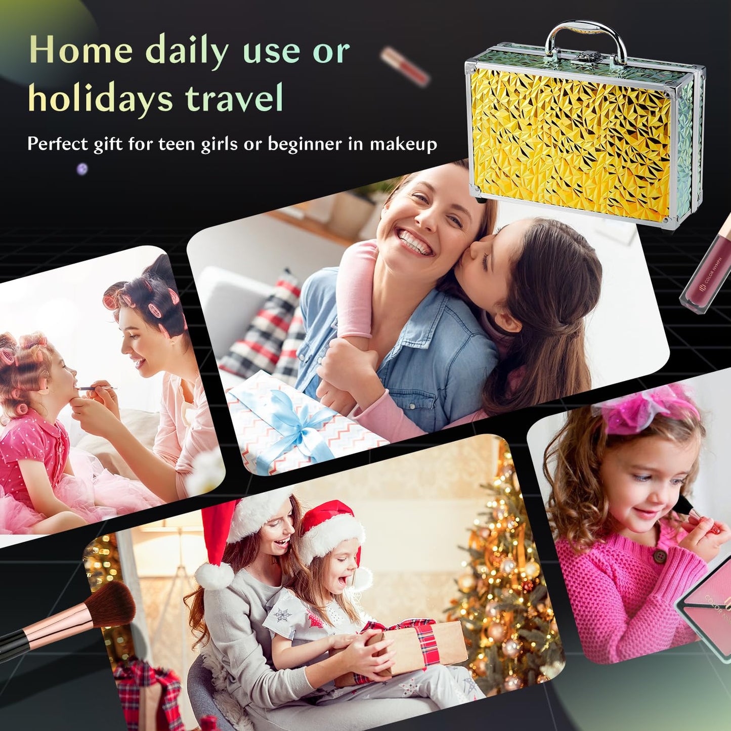 Color Nymph Beginner Makeup Kit for Teens, Train Case Girls Makeup Set with Eye Shadow, Lipstick, Blush, Brushes, Lipgloss, Mascara, Brow Wax and Mirror Green Full Starter Cosmetics Set