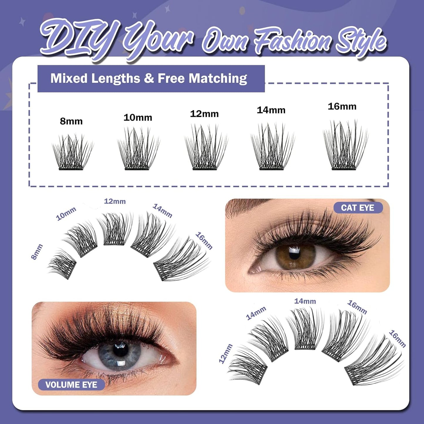 Self Adhesive Eyelashes, 156 PCS Self Adhesive Eyelash Clusters, No Glue Needed, Dual-row Glue Strips Individual Lash Extension Super Sticky Reusable False Lashes (Volume-Mixed)