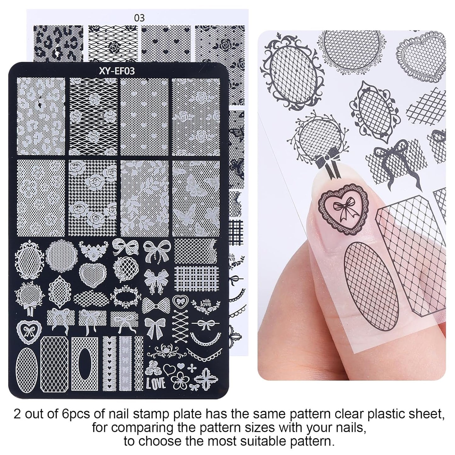 6pcs Lace Flower Design Nail Stamping Plate Kit With French Tip Nail Stamper Kit Ribbon Bow Knot Nail Stencil Reusable Stainless Steel Manicure Tool Nail Supplies for Salon DIY