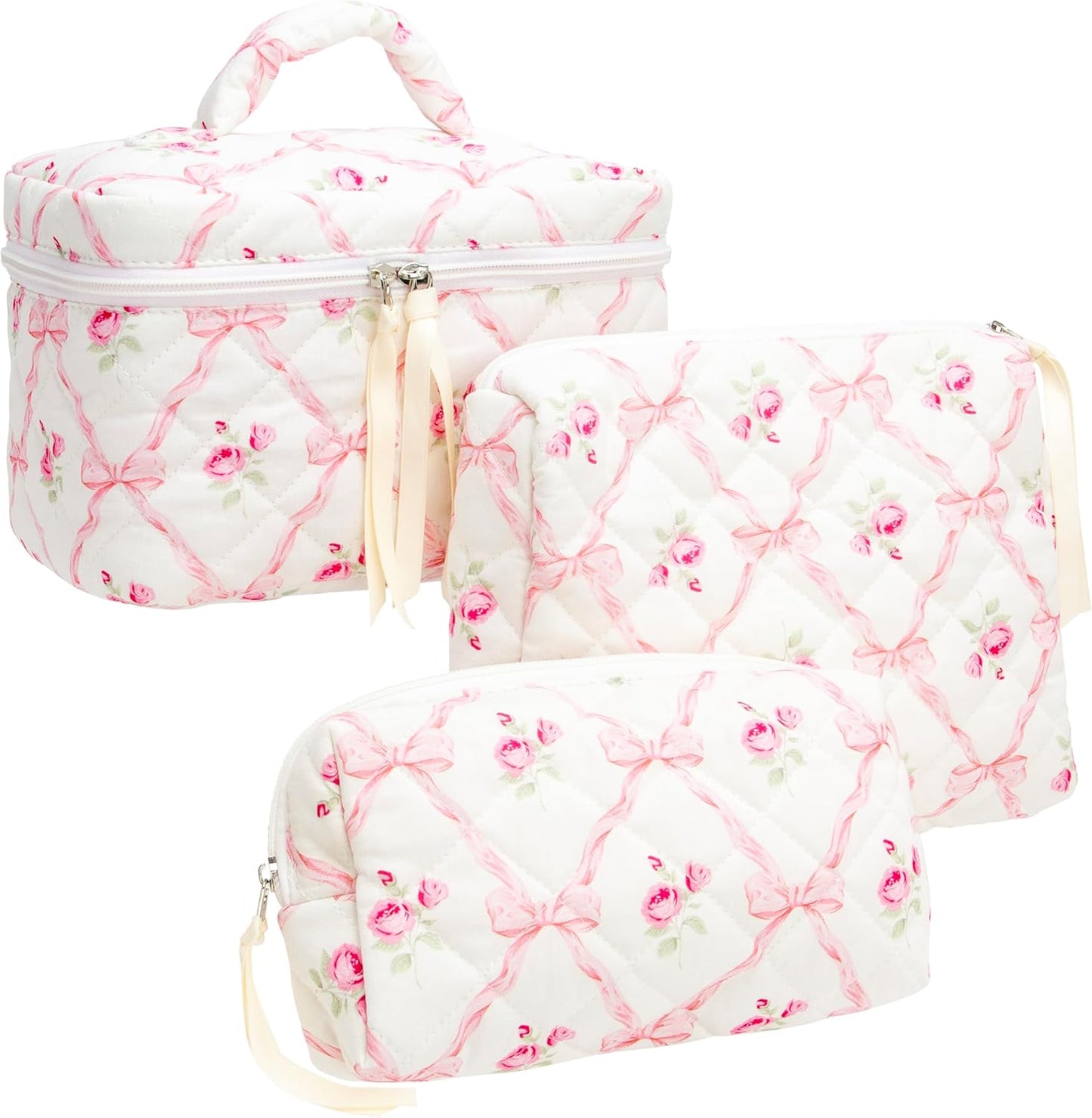 PAZIMIIK 3PCS Makeup Bag SET Large Travel Quilted Zipper Soft Cosmetic Case Pouch for Women Girls Make Up,Bow Rose