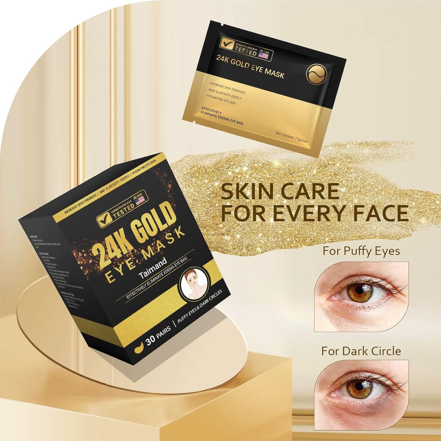 Under Eye Patches (30 Pairs), 24K Gold Under Eye Mask for Puffy Eyes, Dark Circles, Bags and Wrinkles with Collagen, Relieves Pressure and Reduces Wrinkles, Revitalises and Refreshes Your Skin