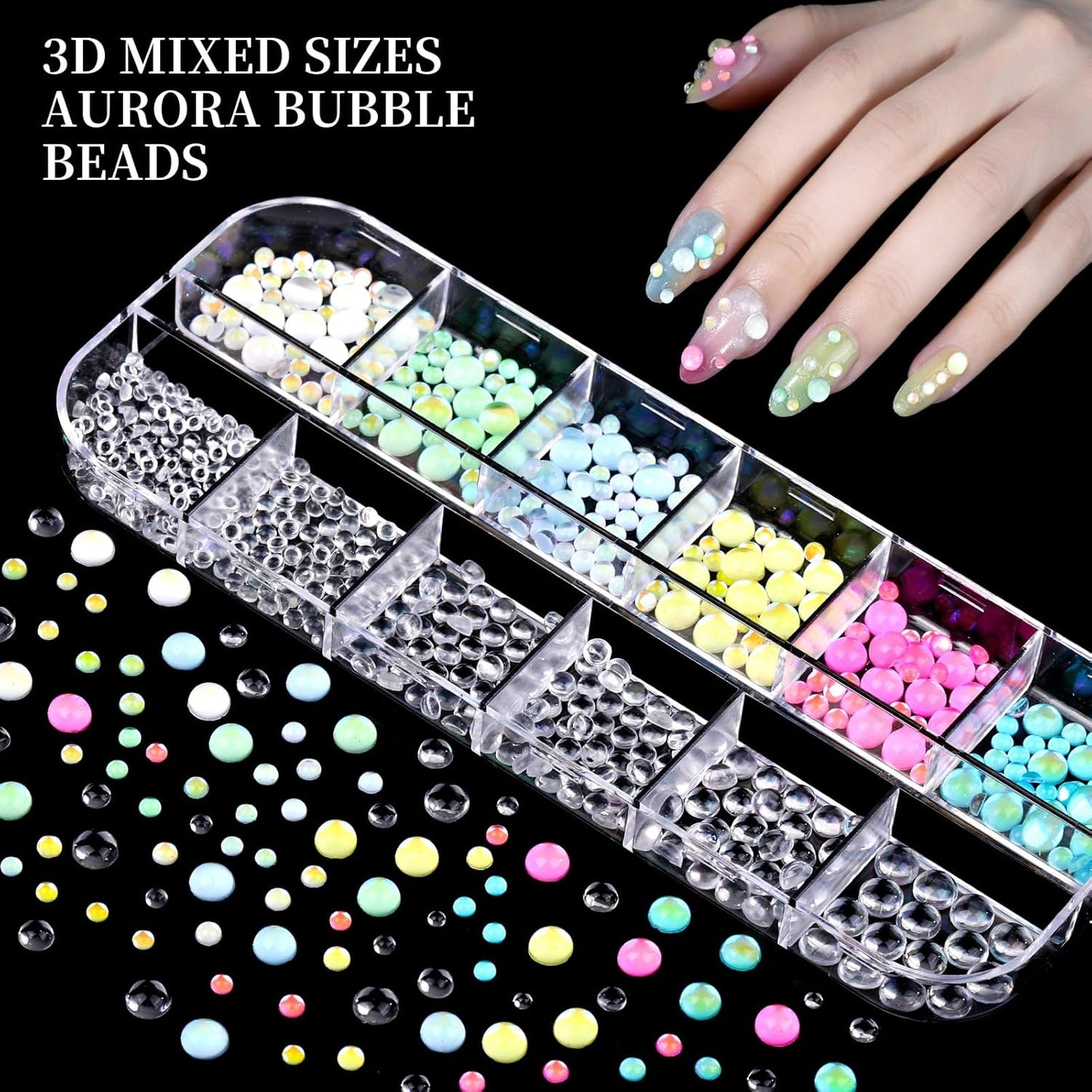 FANDAMEI Nail Charms, 8-Box Nail Charms and Gems, Fruit Bow Hawaii Flowers Petals 3D Nail Art Charms Bulk, Colorful Bubble Beads Nail Rhinestones, Gold Studs Flatback Nail Pearls for DIY