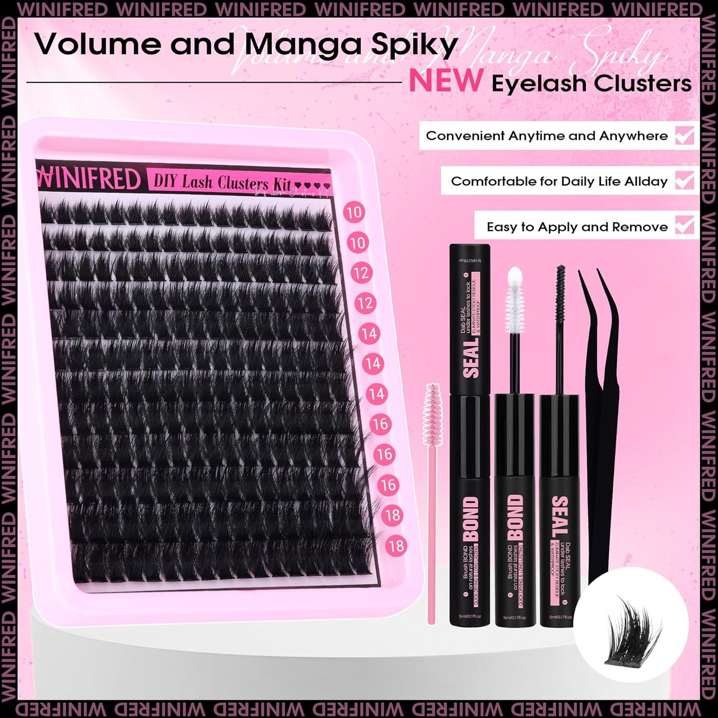 Winifred Fairy Lash Clusters Kit Eyelash Extension Kit Fluffy Lash Clusters 10-18mm D Curly Cluster Eyelash Extensions Volume Wispy Lash Extension Kit Spiky Individual Lashes Kit Lash Bond and Seal