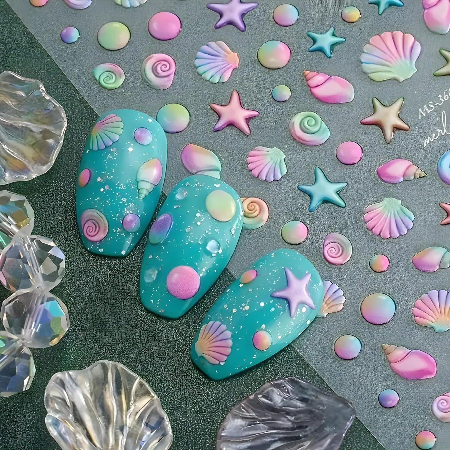 2 Sheets Starfish Nail Stickers - 5D Embossed Self-Adhesive Decals for Summer Nail Art - Colorful Beach Shell Design Supplies Decoration for Women and Girls