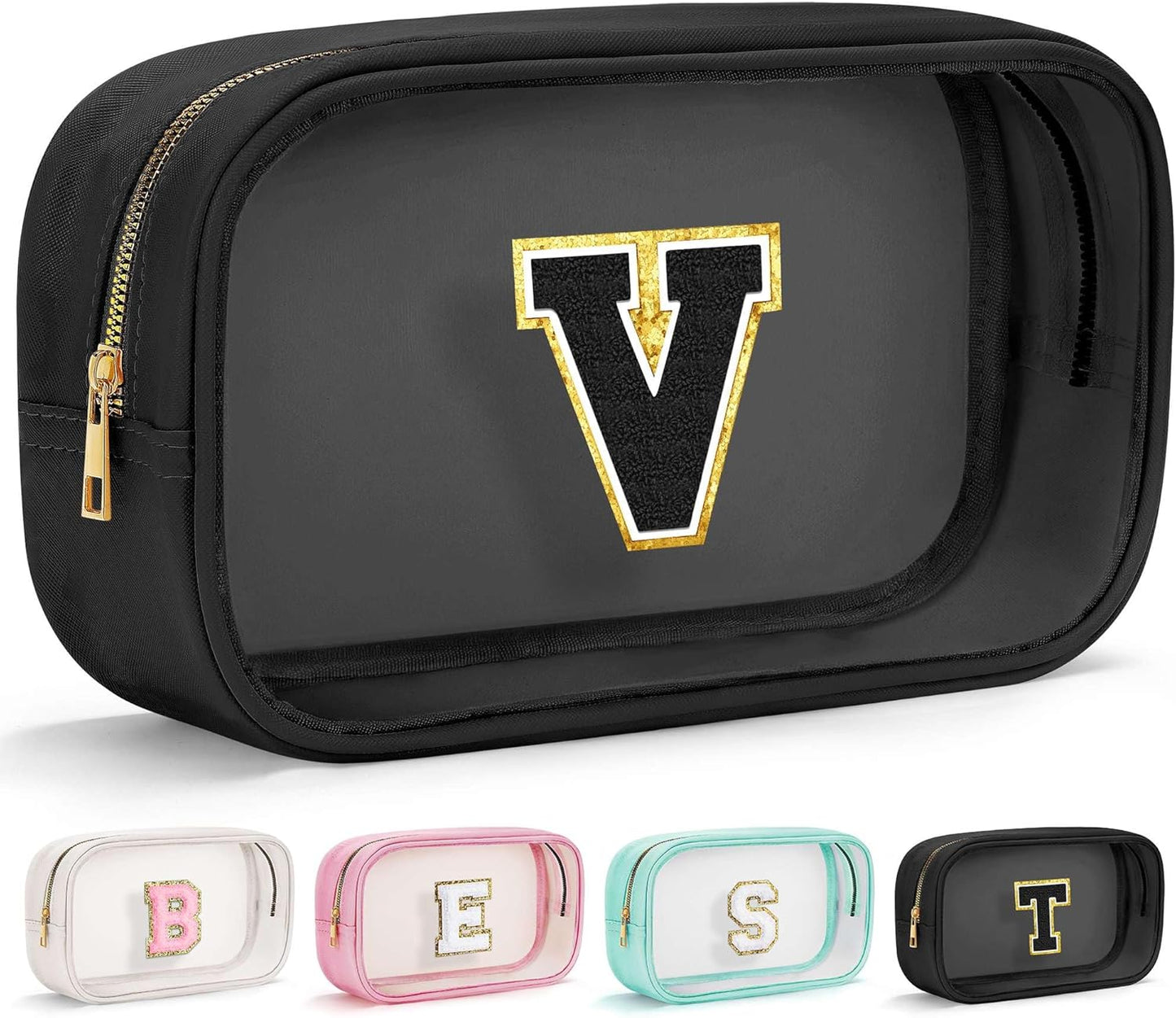 YOOLIFE Initial Travel Essentials Makeup Bag, Make Up Bag Skin Care Clear Toiletry Bag Pouch Cosmetic Bag Case Large Makeup Bag Personalized Birthday Gifts for Women Teacher Mom Teen Friends Black V