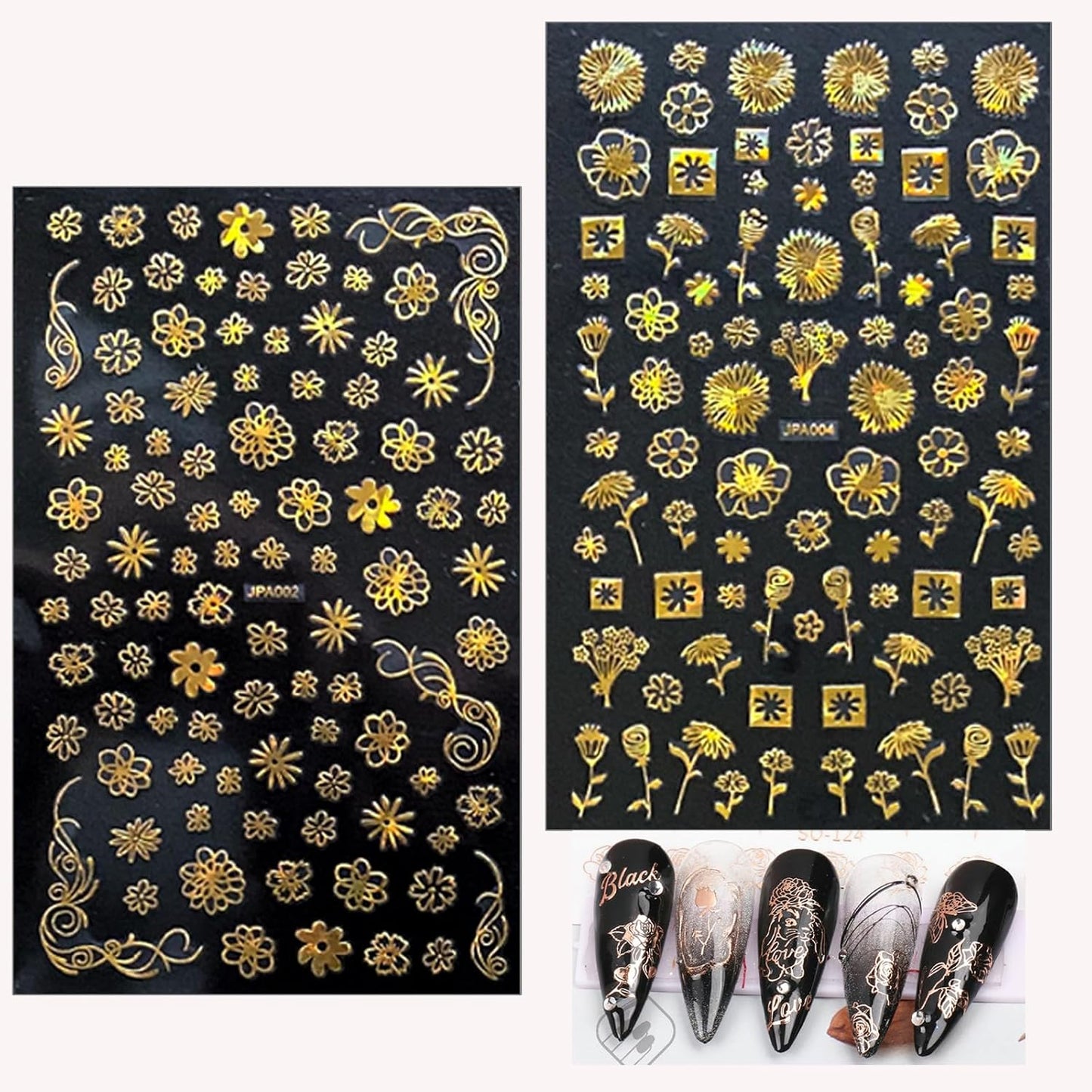 Gold Stickers for Nails - 10 Sheets 3D Self-Adhesive Flower, Leaf, and Geometry Designs - Manicure Art Supplies and Decorations for Women, Style5