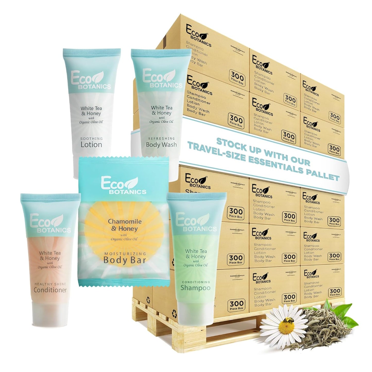 Eco Botanics Hotel Soaps & Toiletries Bulk Set | 0.85oz Hotel Shampoo & Conditioner, Body Wash, Body Lotion & Bar Soap Travel Size | Half Pallet, 36 cases with 300 units each - 10,800 pieces