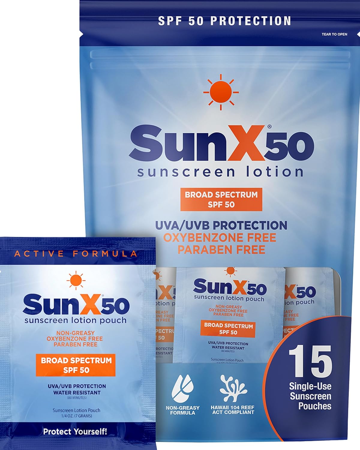 CoreTex Sun X 50 SPF Broad Spectrum Sunscreen Packets with Resealable Travel Bag - Pack of 15 Paraben, Oxybenzone, Octinoxate, & Oil Free Sunscreen - Water & Sweat Resistant Up to 80 Minutes