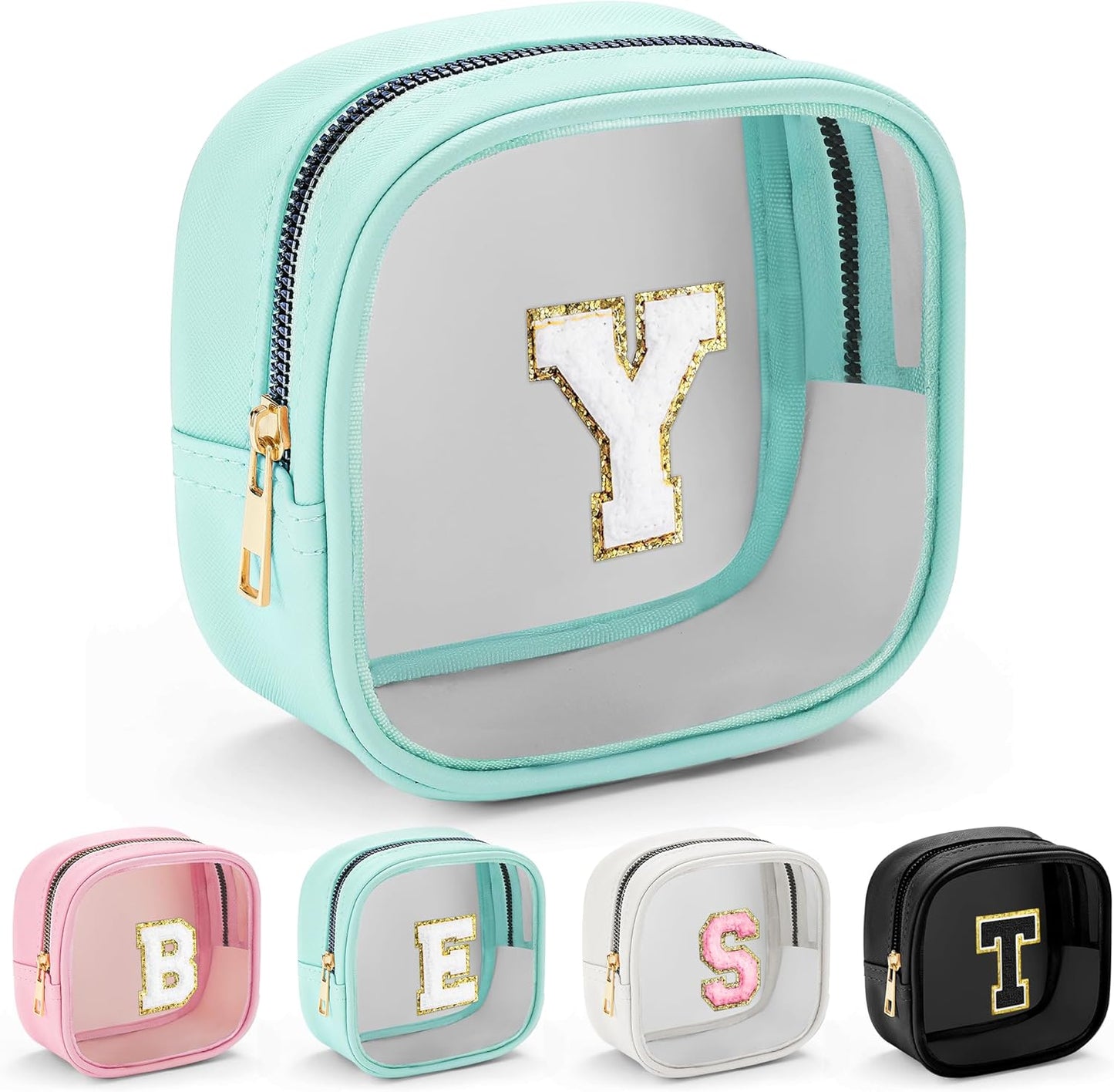 YOOLIFE Initial Make Up Bag Travel Toiletry Bag, Clear Makeup Bag Preppy Cosmetic Bags Organizer Travel Essentials Gifts for Women Teen Girlfriend Teacher Mom Birthday Mothers Day Gifts Mini Blue Y