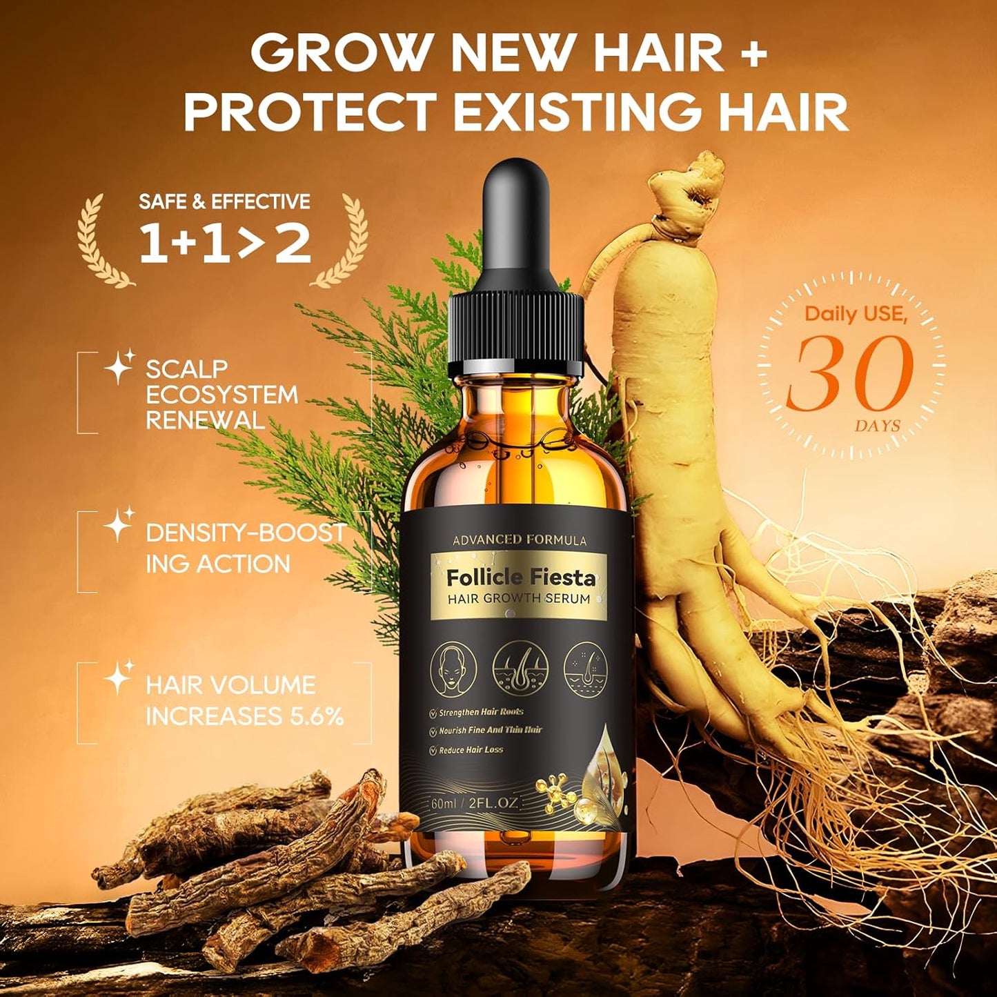 Hair Growth Serum Oil for Women, 100% Veganic Natural Herbal Extracts, Root Revive Visibly Thickening Fuller Hair, Scalp Follicle Stimulator Serum for Hair Loss/Shedding,Thin, Dry & Damaged Treatment