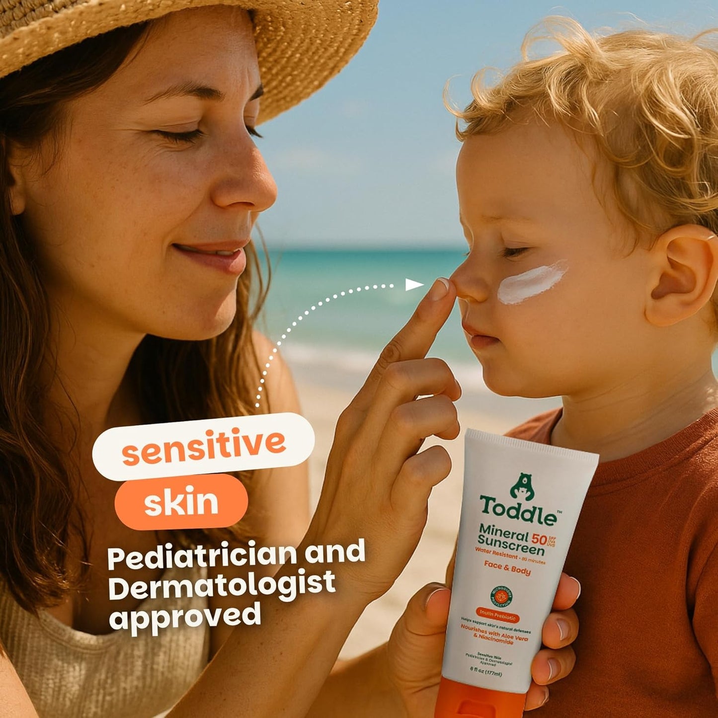Prebiotic Mineral Sunscreen SPF 50 for Kids & Baby, Face & Body Sun Protection, Reef Safe, Non-Toxic Zinc Oxide Broad Spectrum, Water-Resistant, No White Cast, Travel Size 1.7oz