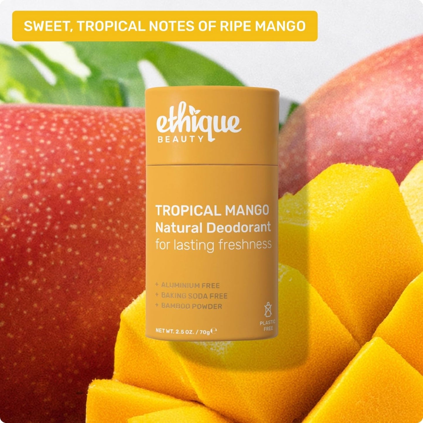 Ethique Beauty Tropical Mango Deodorant Stick for Men & Women - Aluminum-Free, Plastic-Free, Vegan, Cruelty-Free, Eco-Friendly, 2.5 oz