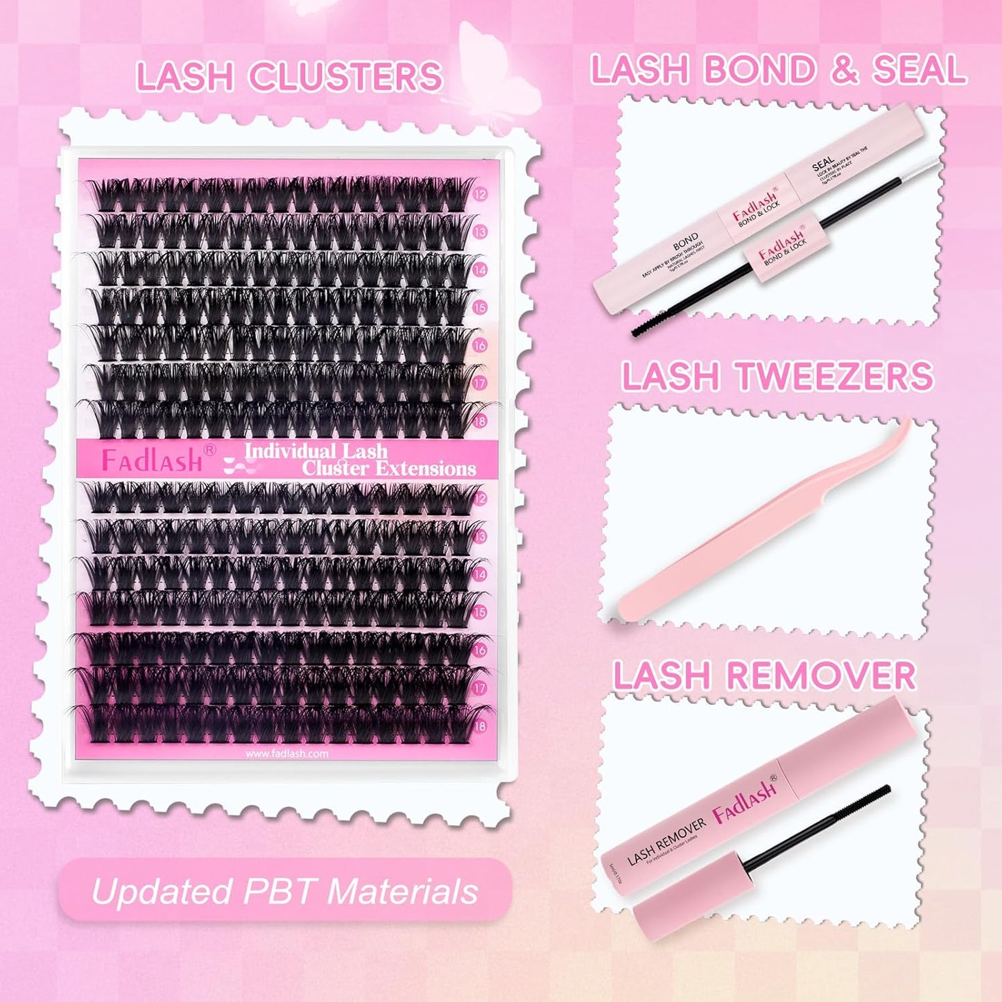 FADLASH Lash Extension DIY Kit Lash Clusters D Curl Cluster Lashes with Lash Bond and Seal Cluster Lashes Glue Remover Lash Tweezers for DIY Eyelash Extension at Home（Kit 80D+100D-0.07D-12-18MIX）
