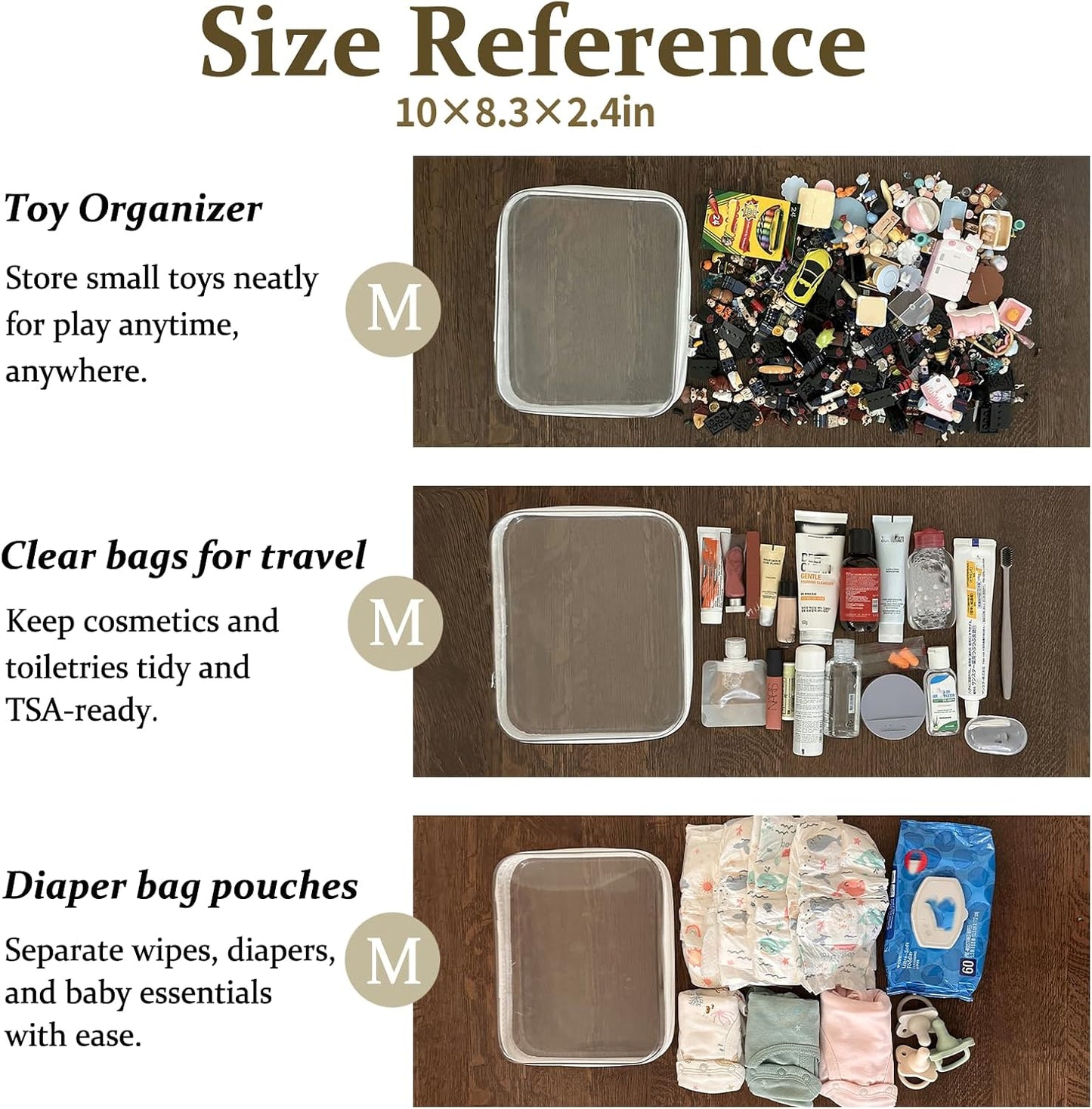 4 pcs Clear Zipper Pouches, Hard Shell Zipper Case, Makeup Organizer Travel Toiletry bag, Diaper Bag, Travel Organizer, Clear Cosmetic Bag,Toy Storage Bins (M+3S Pink)