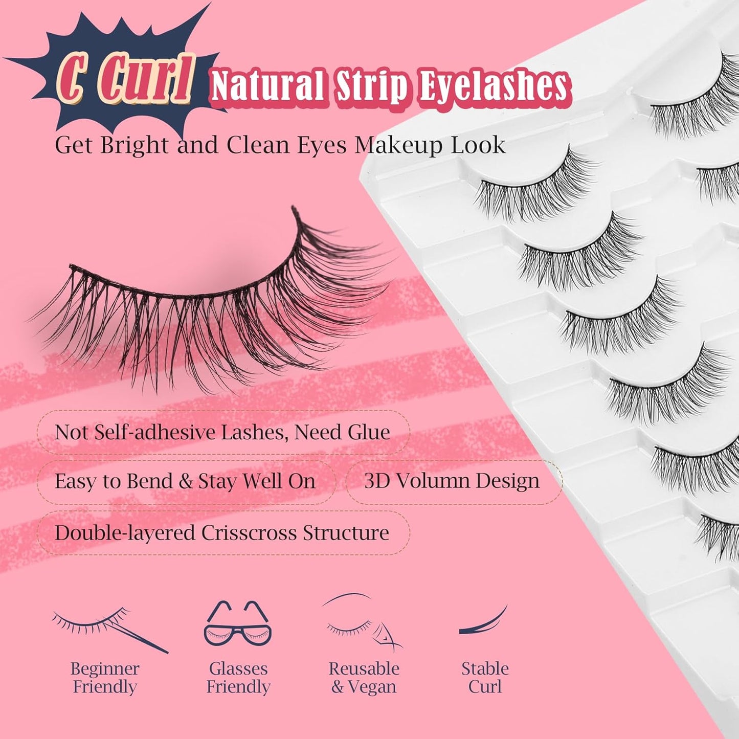 Eyelashes Short Natural Lashes Wispy Eyeashes Natural Look 10mm Strip Lashes False Eyelashes C Curl Eye Lashes Pack 0.1MM Thin Band 3D Volume Soft Eyelash Siligli Lash 7 Pair