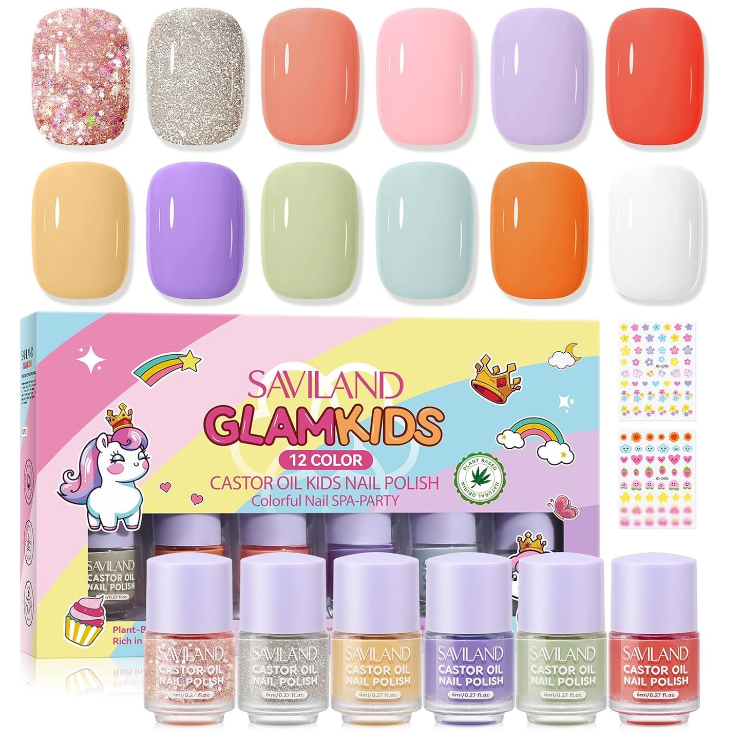 SAVILAND Glamkids Kids Nail Polish Set: 12 Colors Quick Dry Non-Toxic Nail Polish for Toddler, Water Based Peel-Off Fingernail Polish Safe Nail Art Kit with Sticker for Girls & Boys Ages 5-12 Manicure