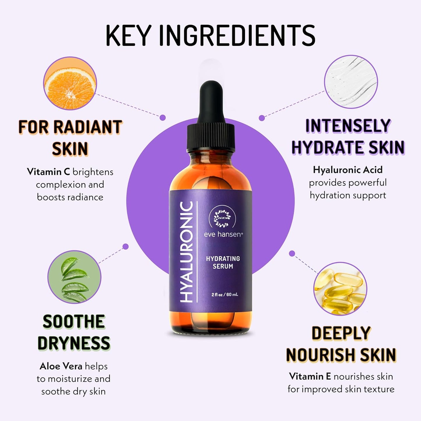 Eve Hansen Hydrating Hyaluronic Acid Serum for Face with Vitamin C, Vitamin E, Green Tea | 72% Organic Firming Facial Moisturizer, Anti-Wrinkle, Skin Plumper (1 oz)