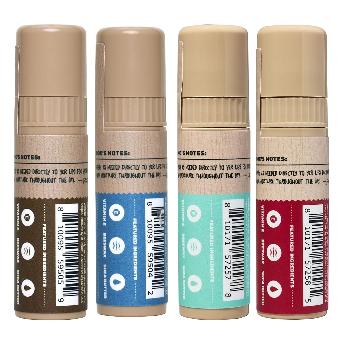 Dr. Squatch NEW Natural Lip Balm - Petrolatum, Paraben, Artificial Flavor-free - Shea Butter, Beeswax, Vitamin E - Original Squatch, Vanilla Bourbon, Coconut Cove, Wild Watermelon (0.25 oz, 4 Pack)