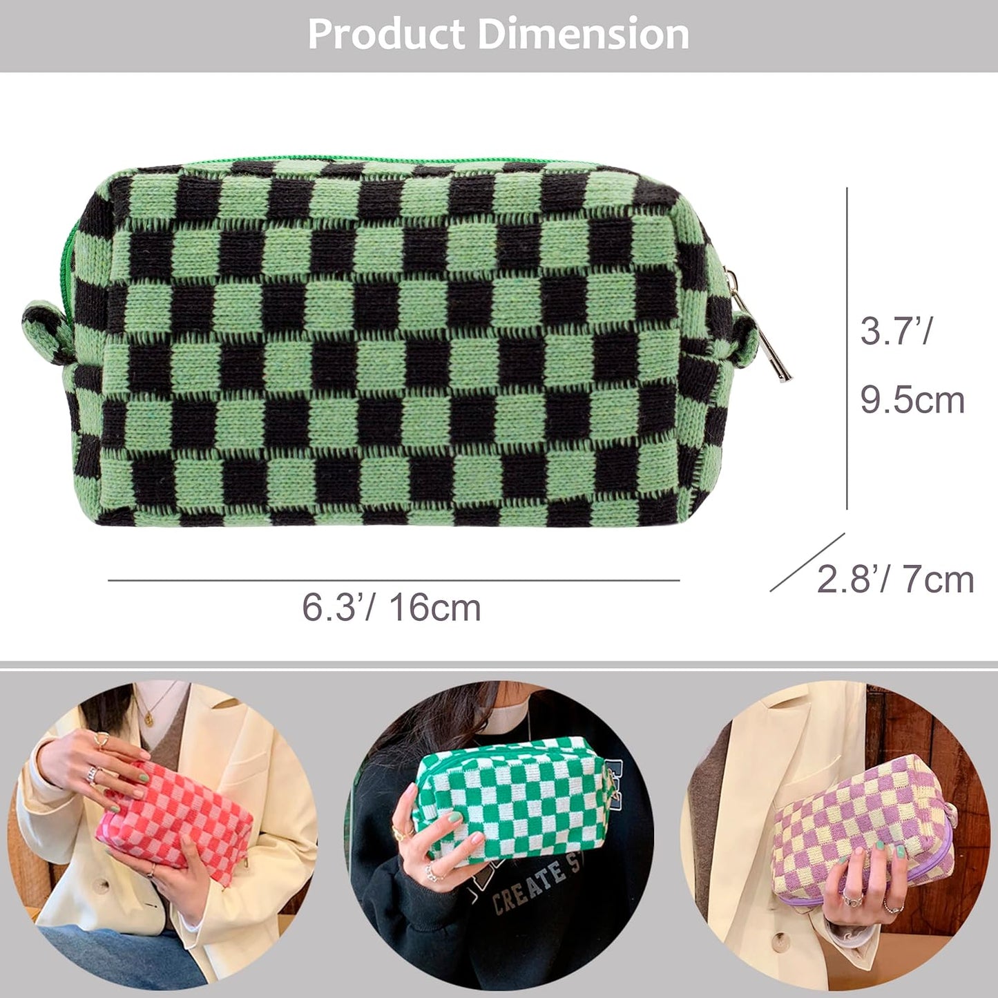 PAZIMIIK Checkered Makeup Bag for Purse Portable Zipper Make Up Pouch Small Cosmetic Case for Travel Accessories (Green Black)