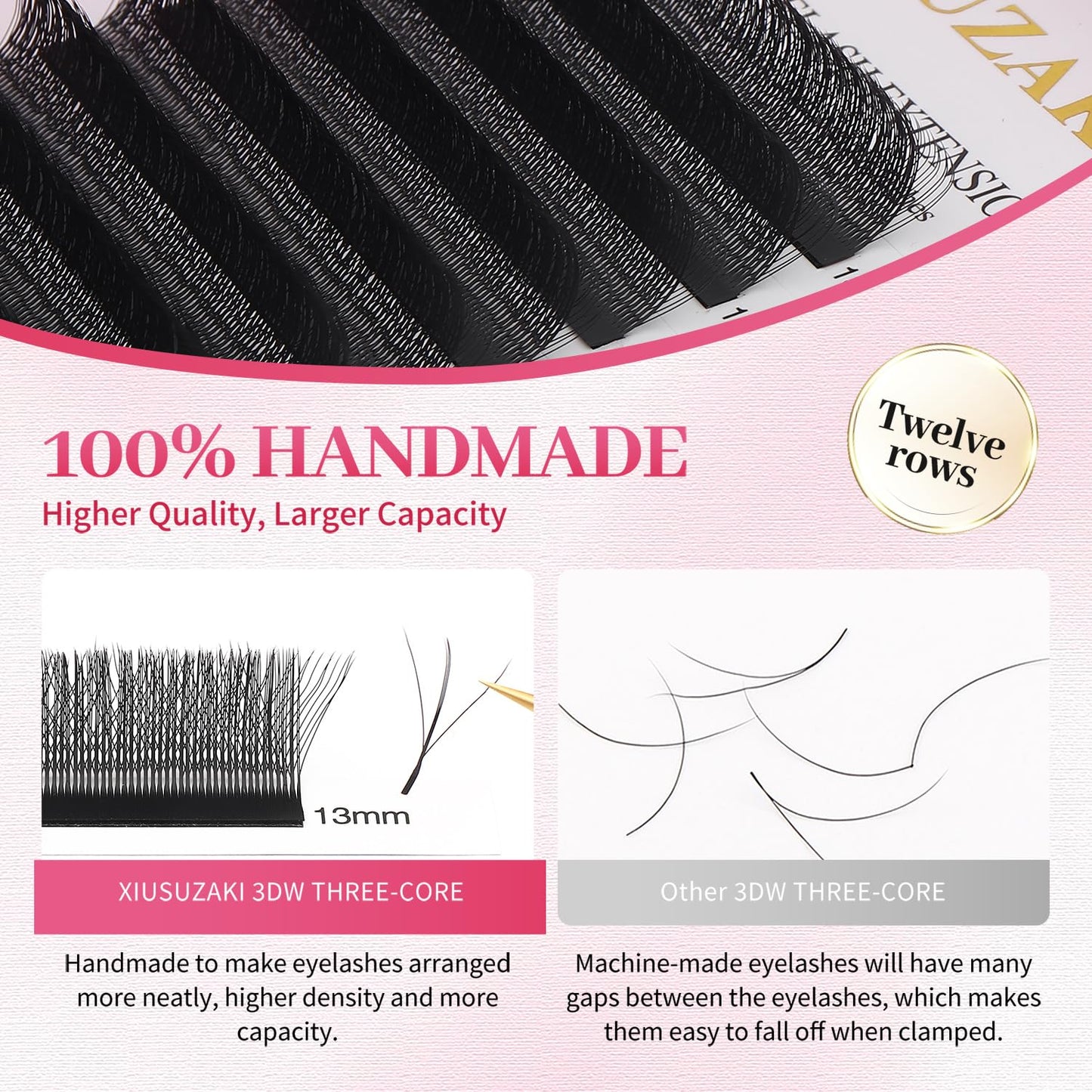 Lash Extensions Three Core Tips 3D Eyelash Extensions W Shape 0.07mm Thickness C Curl 9mm Premade Fans Easy Fan Volume Lashes Matte Black Crisscross(W-3D-Three Core-0.07-C,9mm)
