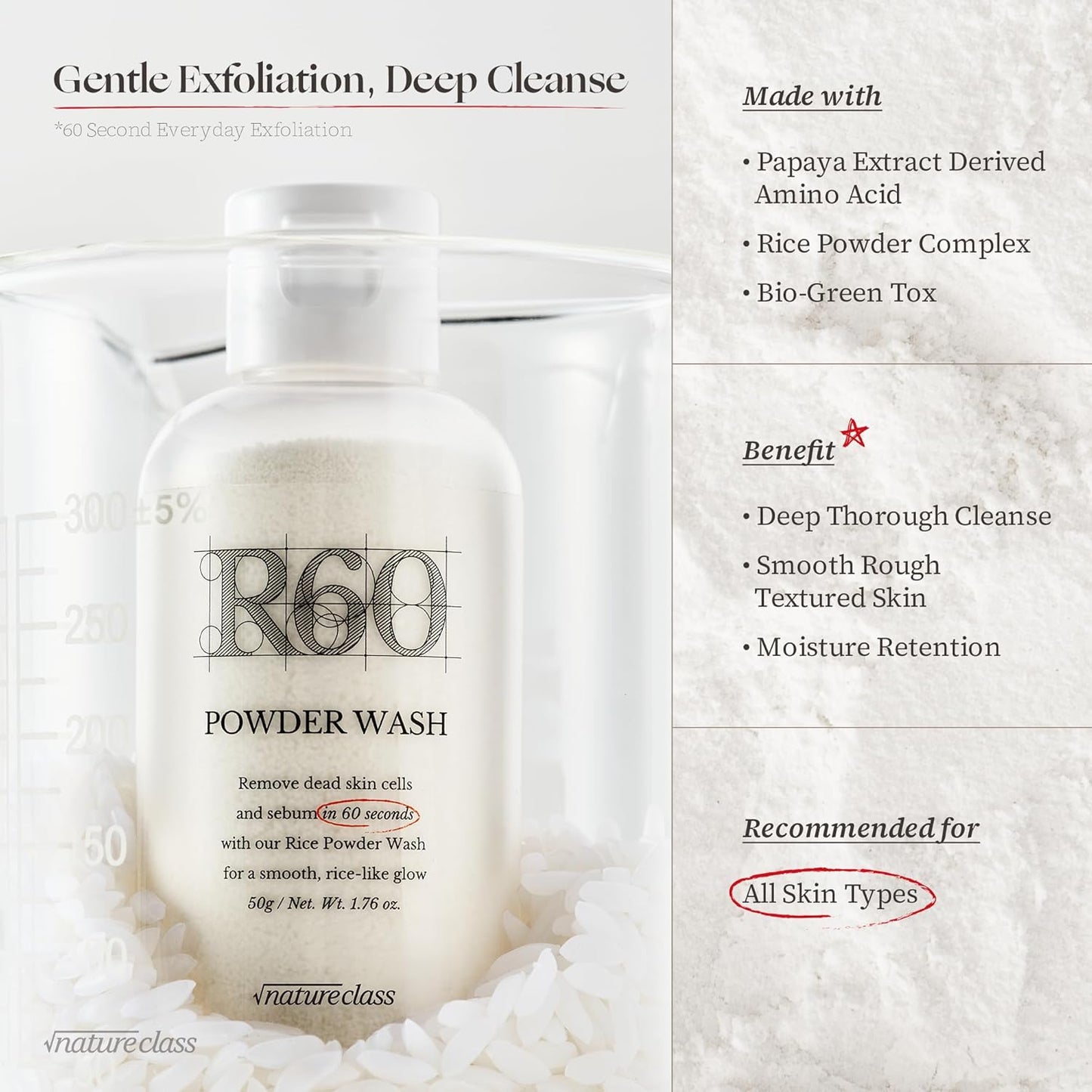 R60 Rice Enzyme Powder Face Wash Cleanser – Exfoliating, Deep Cleansing, Removes Pore Impurities for Soft Radiant Skin, Korean Skincare1.76oz