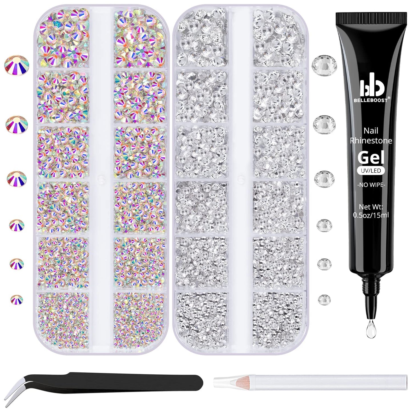 Nail Art Rhinestone Glue Gel&2 Boxes Flatback Gems Kit, 1 Tube of 15ml Rhinestone Gel Glue(UV/LED Needed)+Crystal AB Gems+Flat-Back Round Glass Clear Gemstones with Pickup Tools