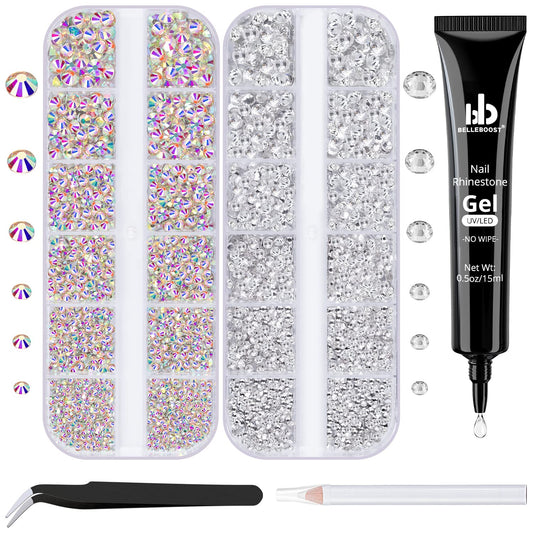 Nail Art Rhinestone Glue Gel&2 Boxes Flatback Gems Kit, 1 Tube of 15ml Rhinestone Gel Glue(UV/LED Needed)+Crystal AB Gems+Flat-Back Round Glass Clear Gemstones with Pickup Tools