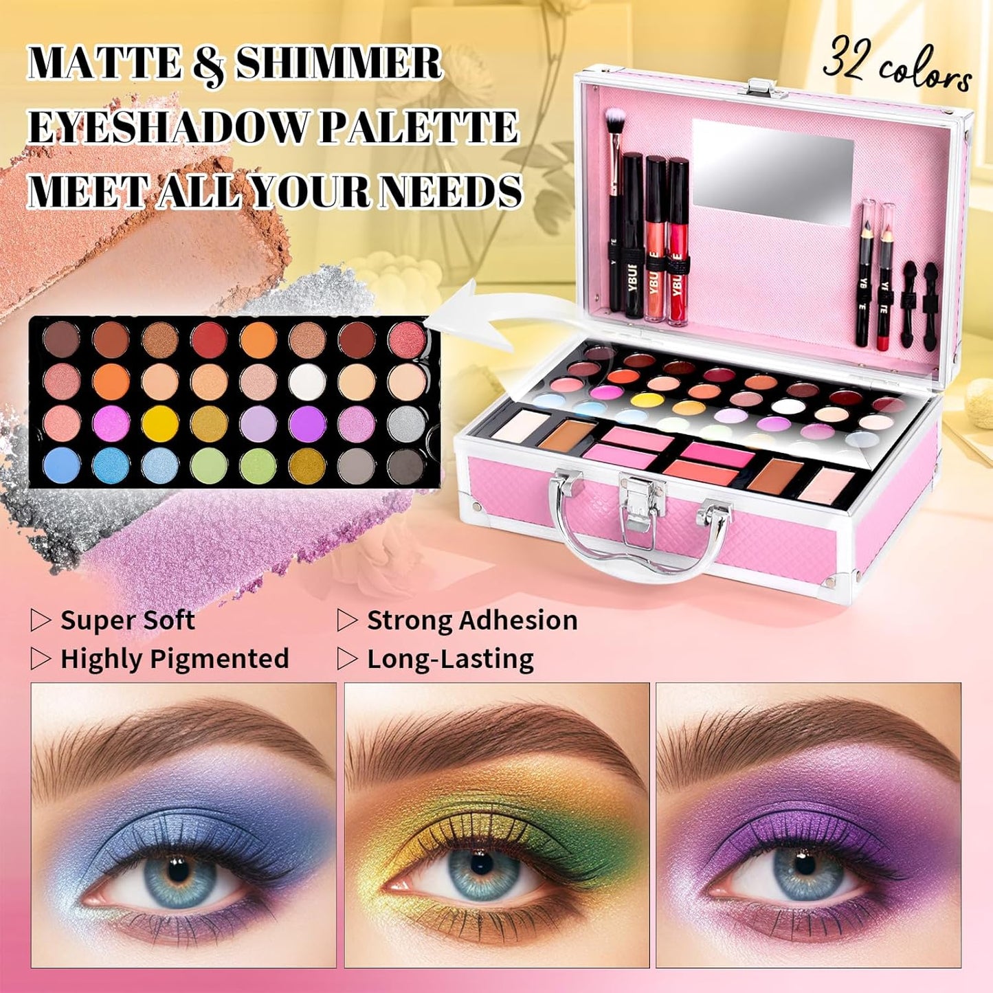 Beginner Makeup Kit for Teen,Makeup Gift Set for Girl Women,Beginner Makeup Kit with Cosmetic Train Case Included 32 Colors Eyeshadow Blusher Contour Lip Gloss Lip Liner Mascara Eyeliner Mirror